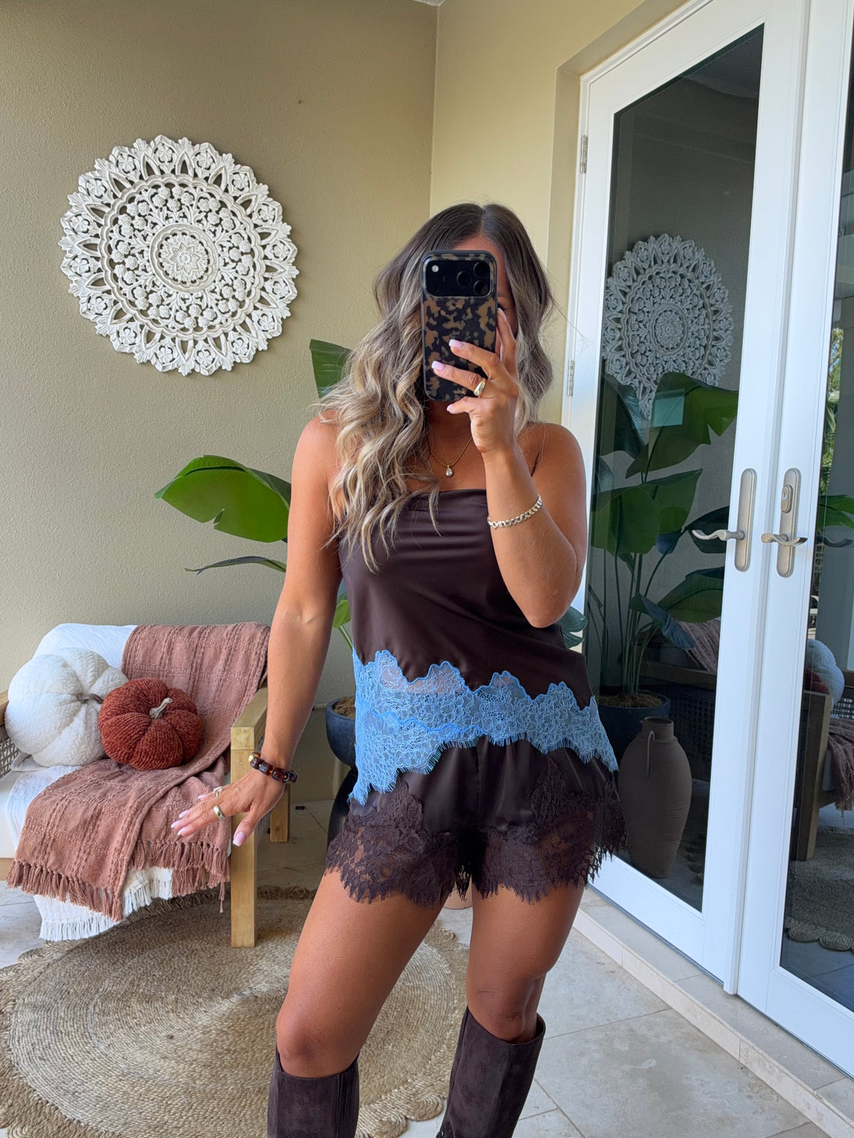 Falling for You Lace Top Brown/Blue