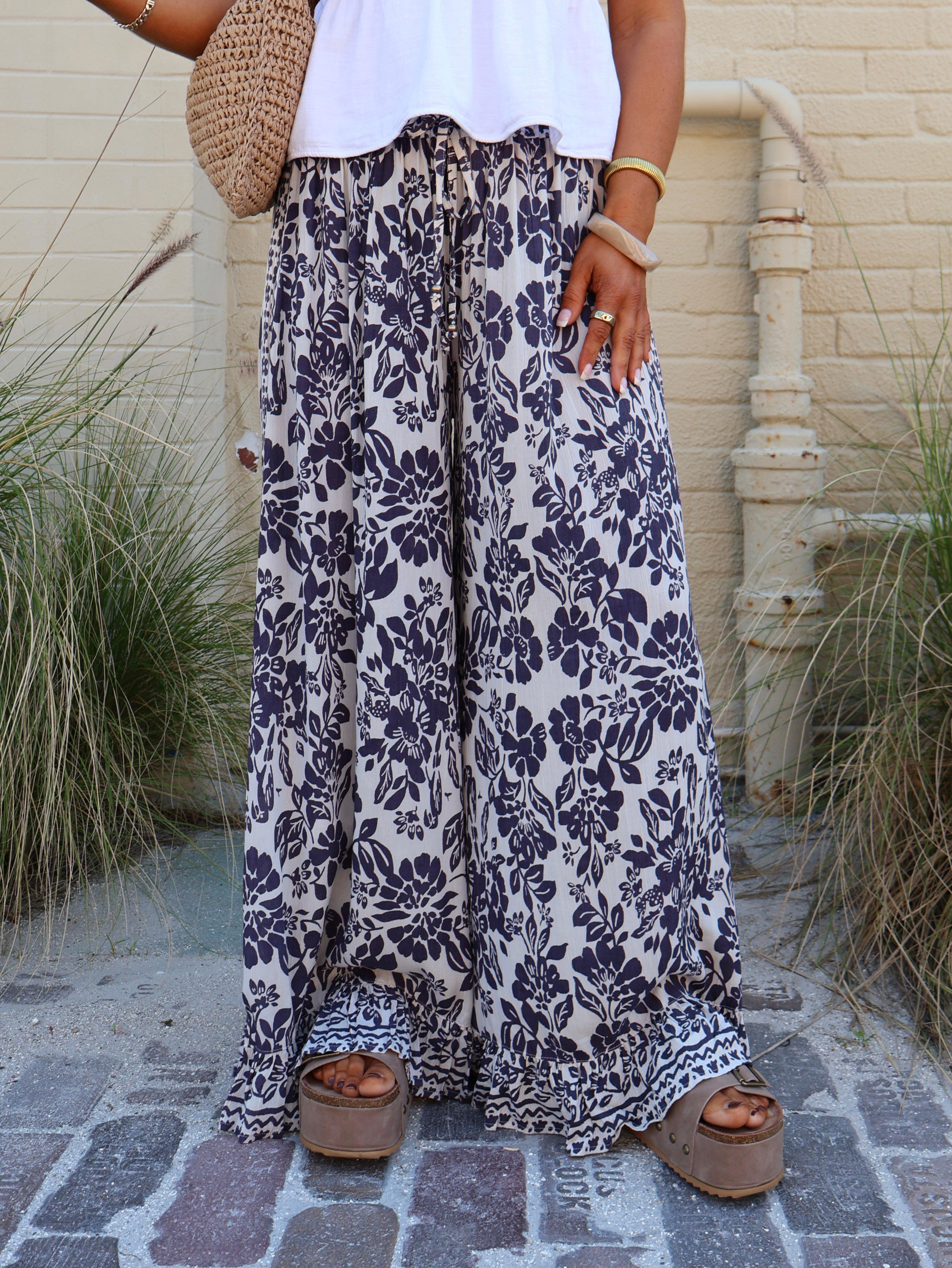 Shine On Me Floral Boho Pants Ivory/Indigo