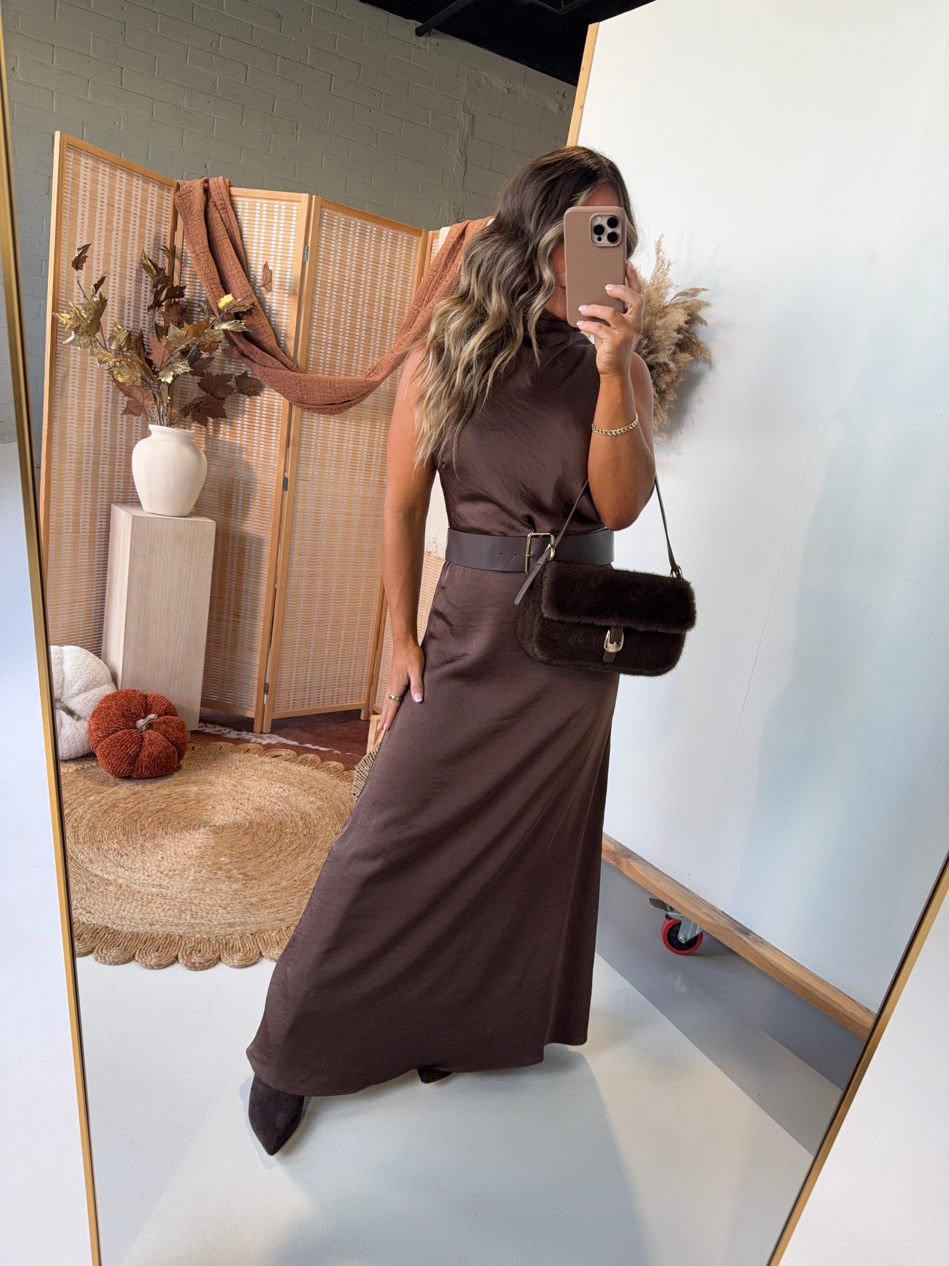 Bronzed Belted Maxi Dress Dark Brown