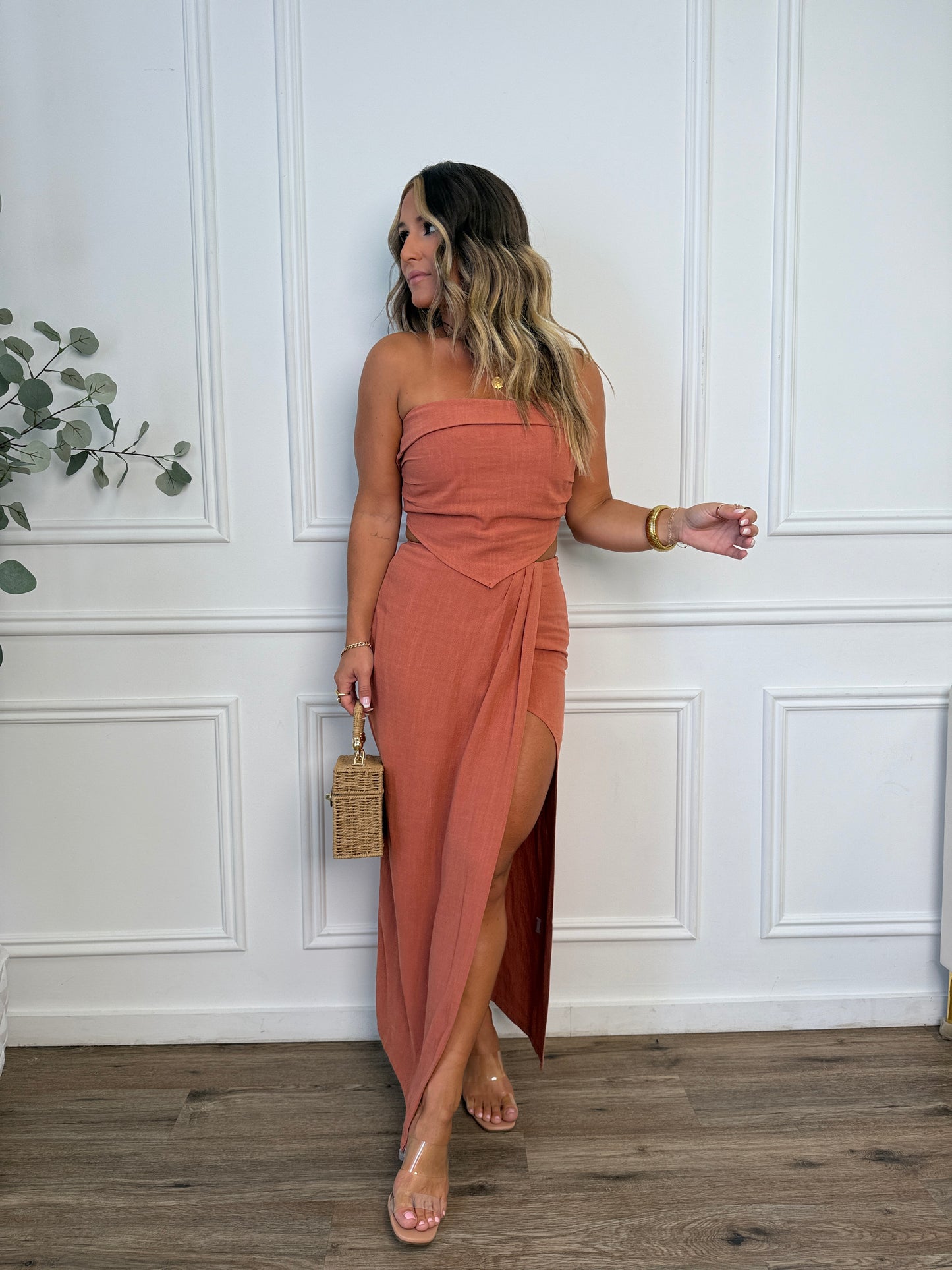 Marigold Drip Maxi Skirt Set Rust