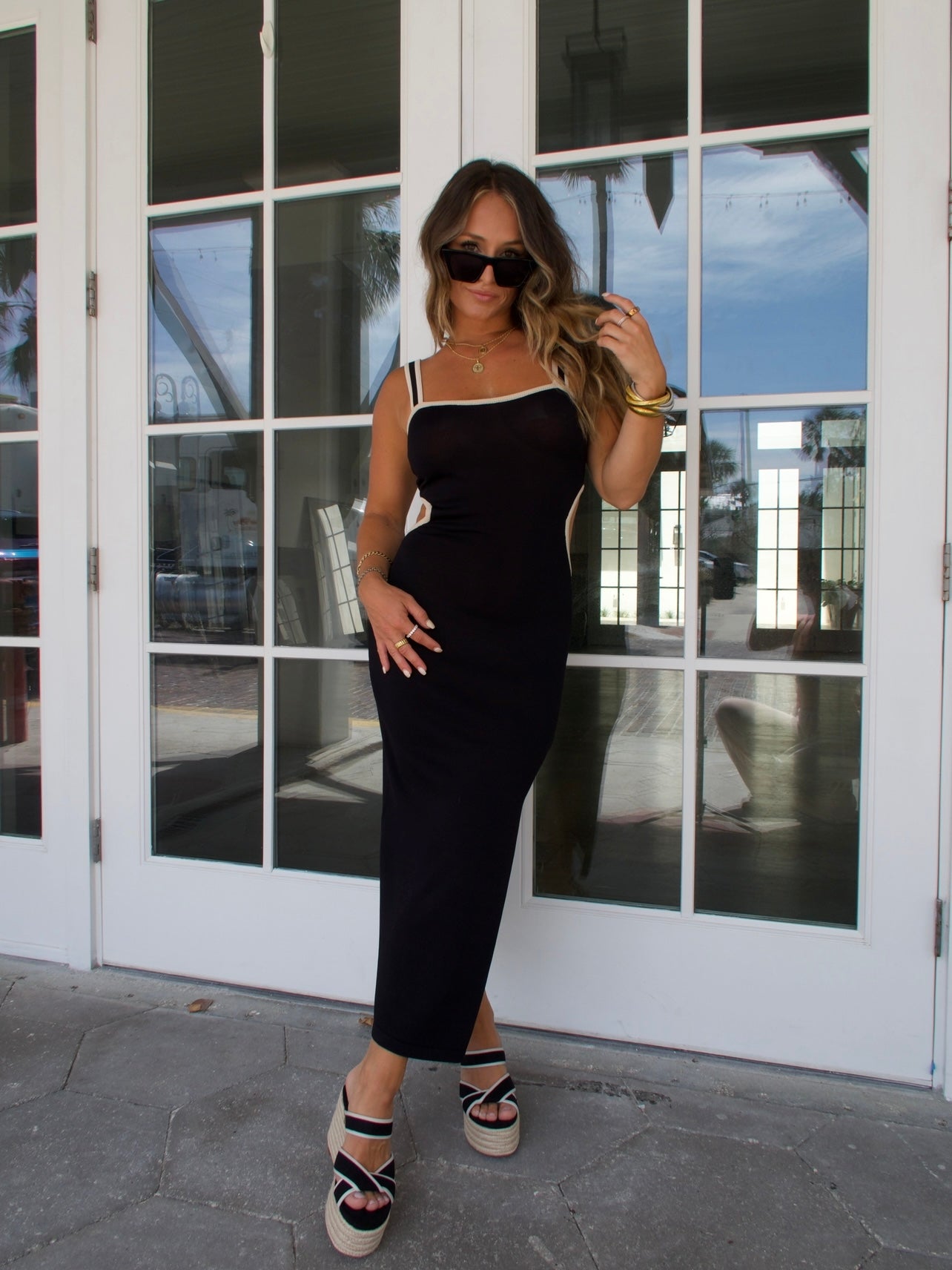 Beachside Contrast Knit Midi Dress Black