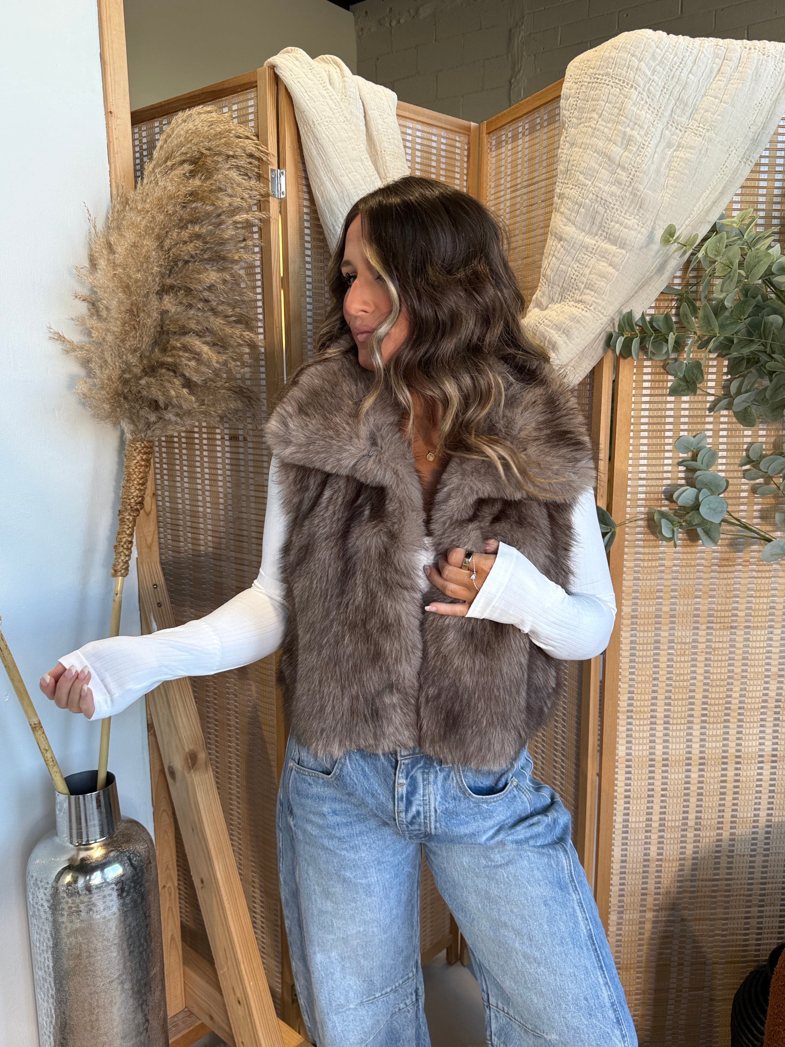 French Toffee Faux Fur Vest Taupe