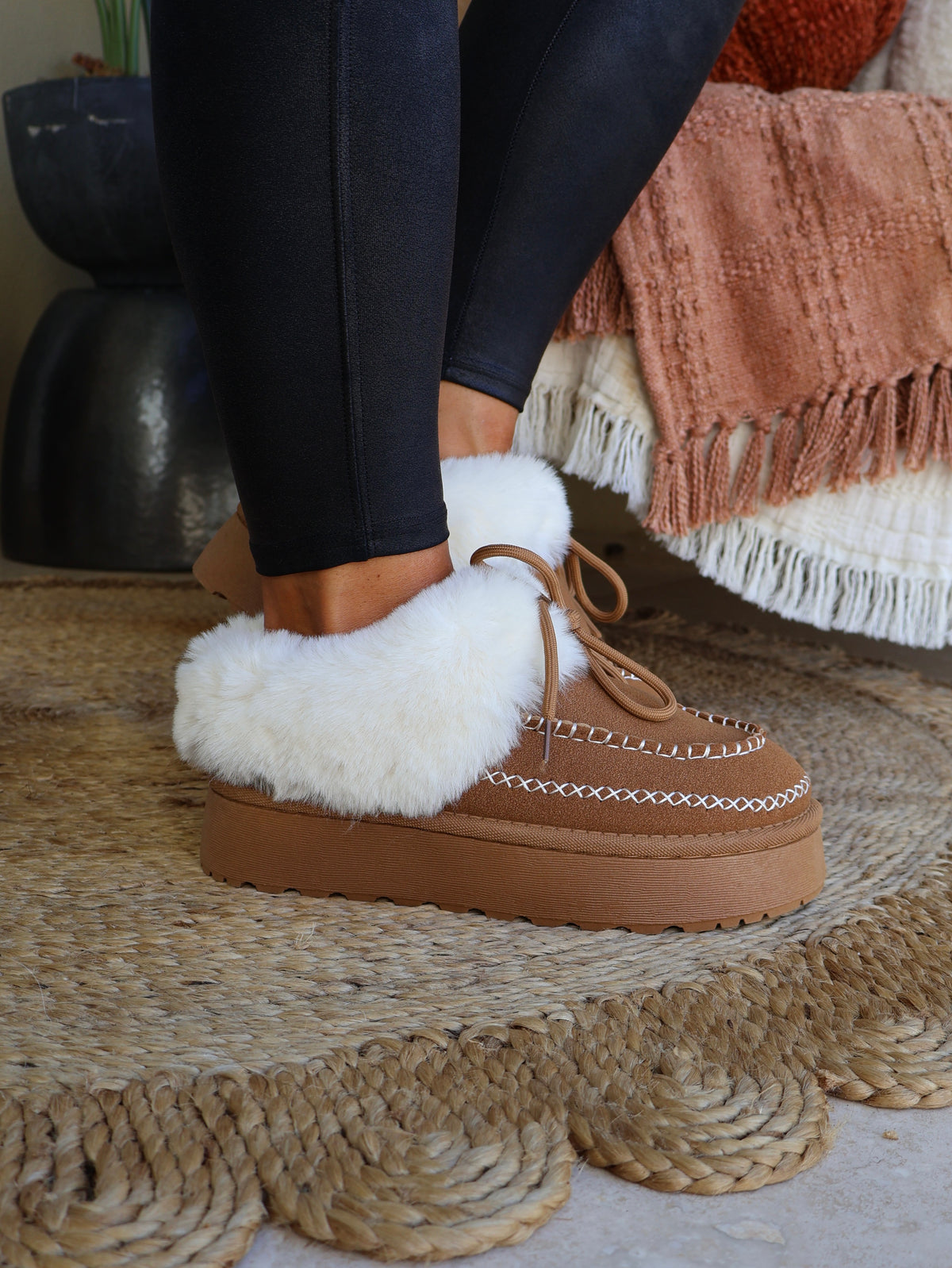 Stasia Fur-Lined Suede Slides Camel