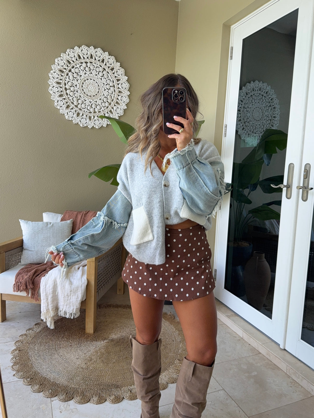 Home Again Denim Sleeve Sweater Grey