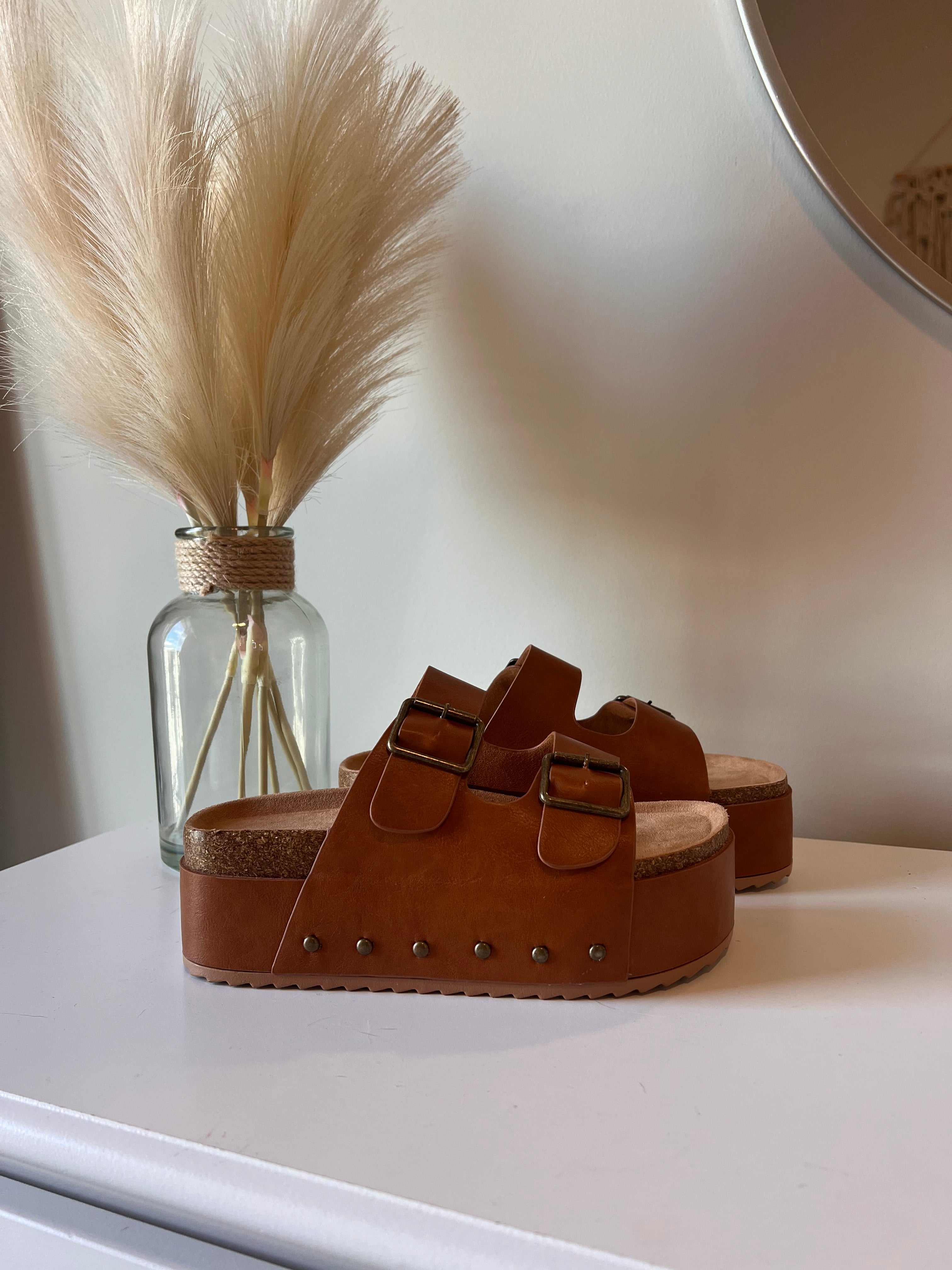 Blowout Stacked Double Strap Slides Tan Pu