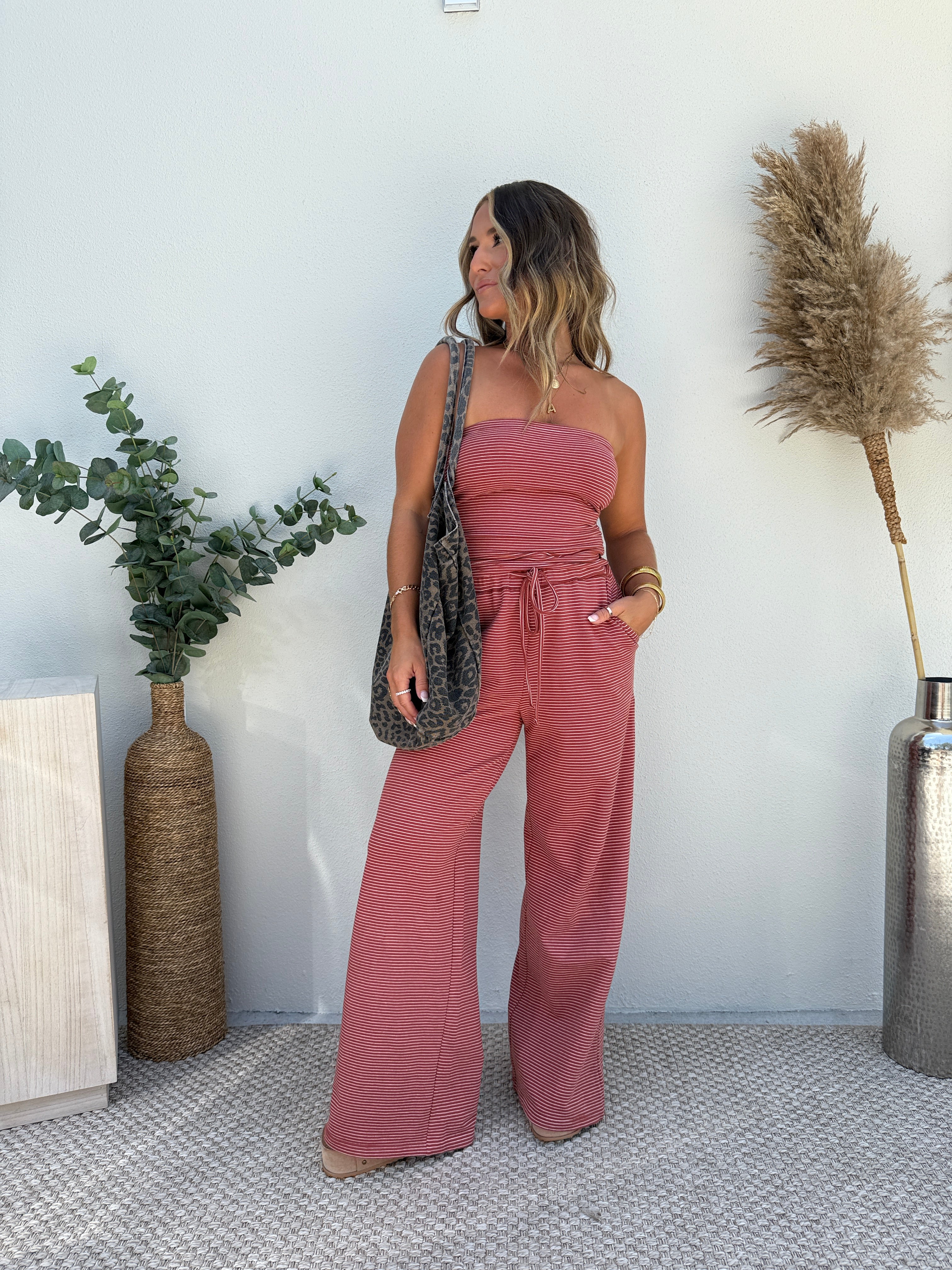 Lounge Luxe Pants Set Striped Rust