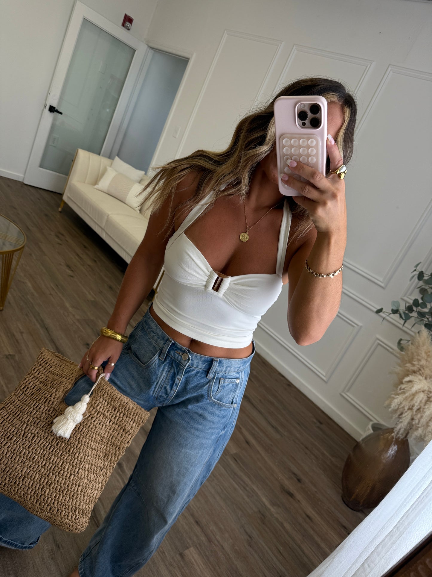 Luna Tortoise Clip Halter Top Ivory