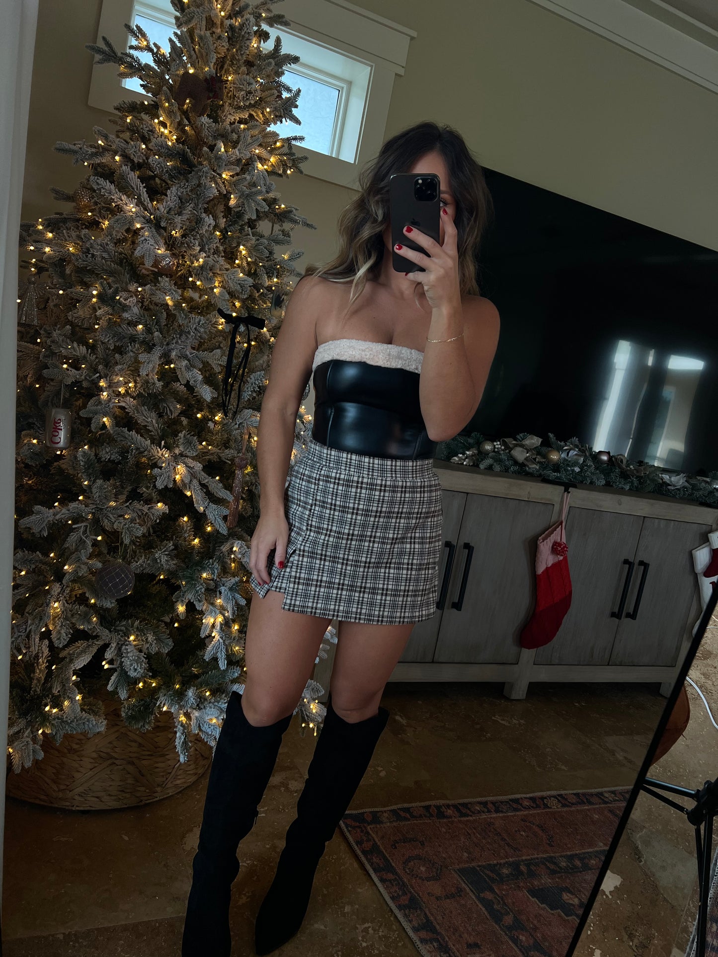 Santa Baby Faux Leather Fur Tube Top Black