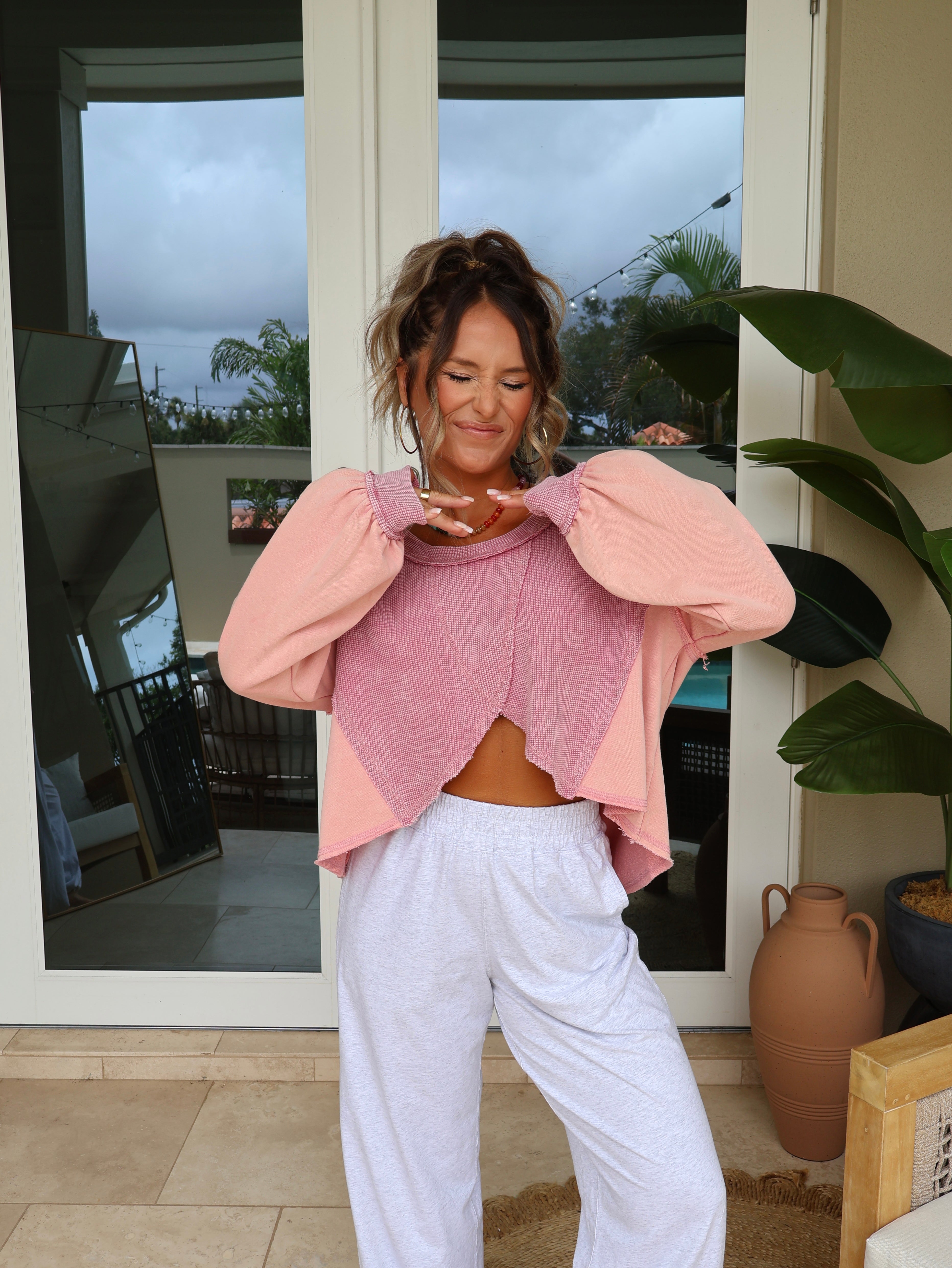 Seasonal Cropped Henley Top Dried Rose