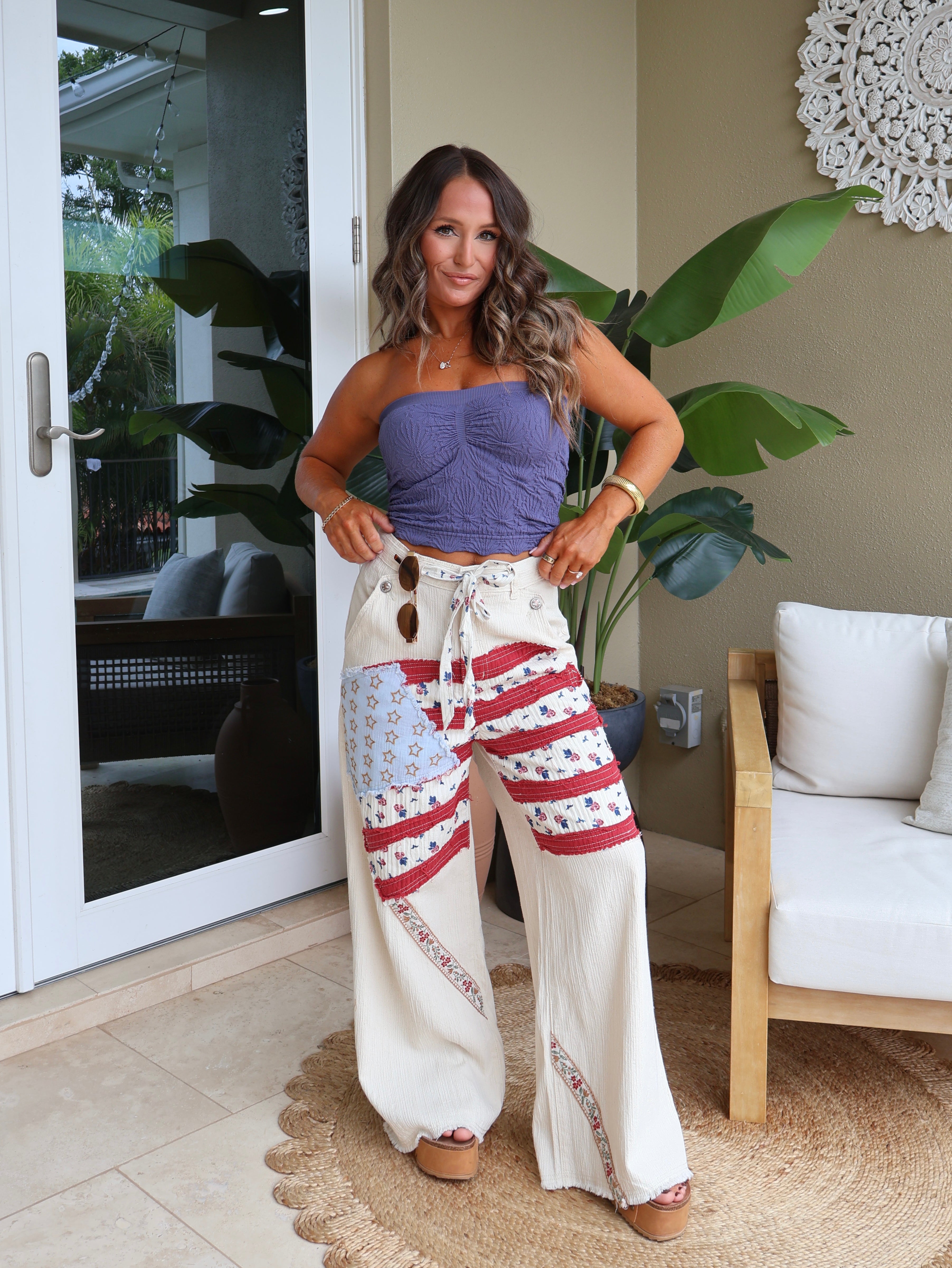 Old Glory Boho Flag Patchwork Pants Oatmeal