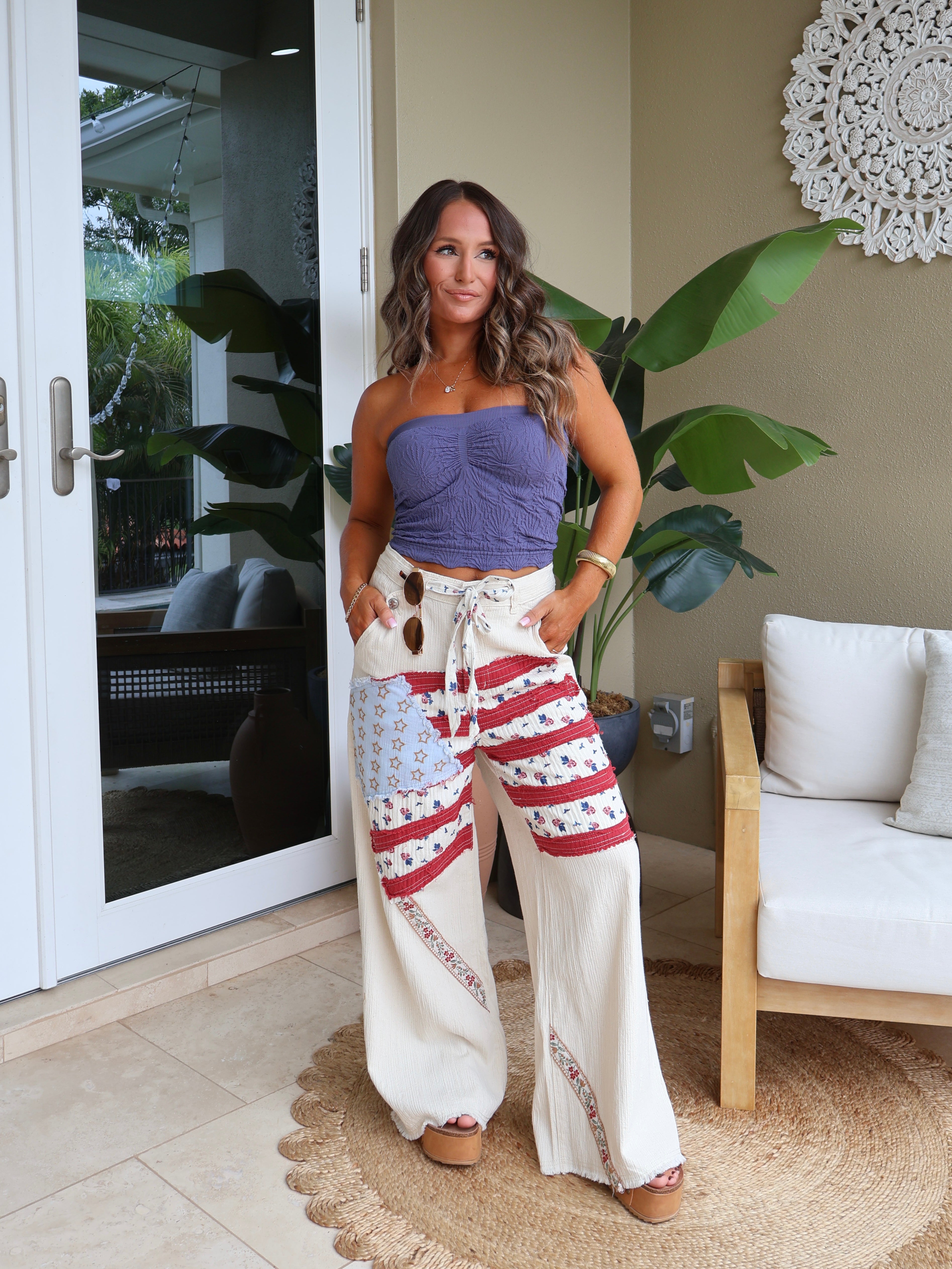 Old Glory Boho Flag Patchwork Pants Oatmeal