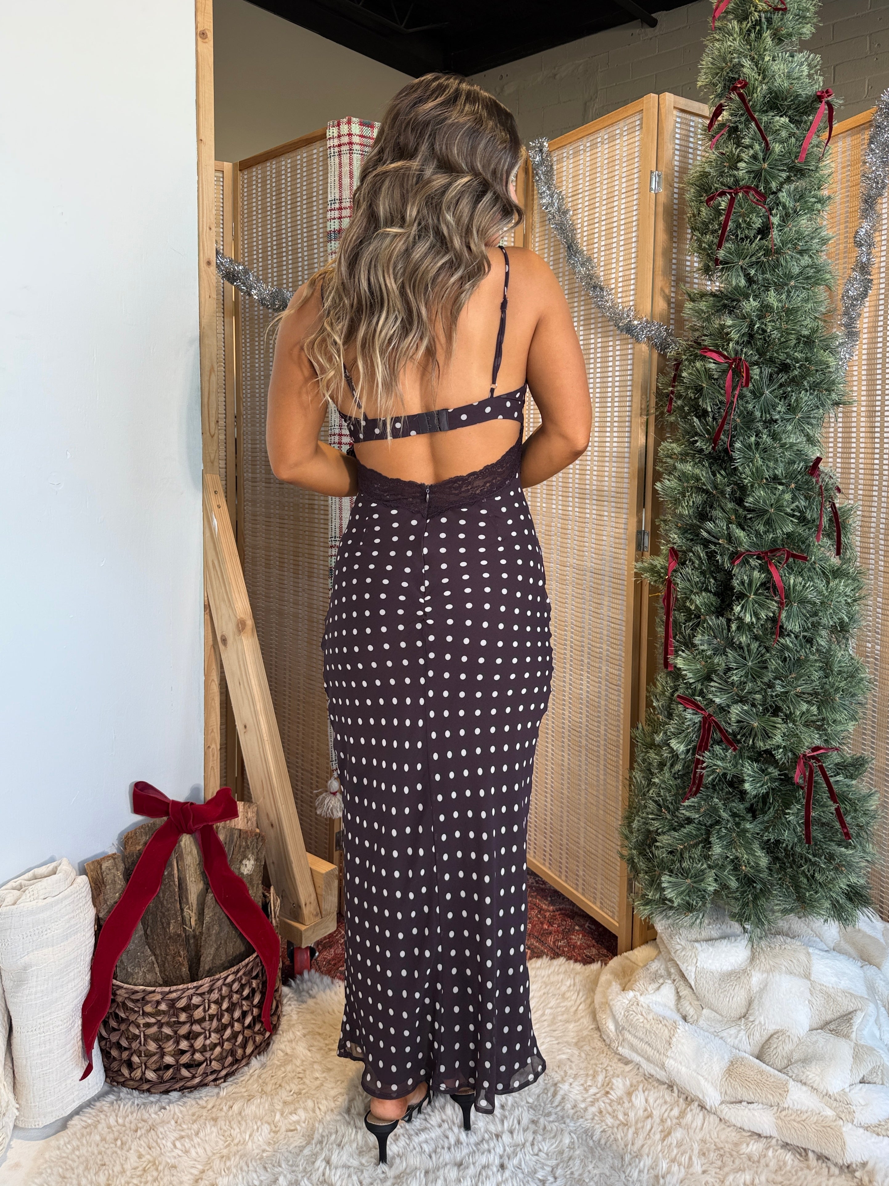 Holiday Date Polka Dot Maxi Dress Brown