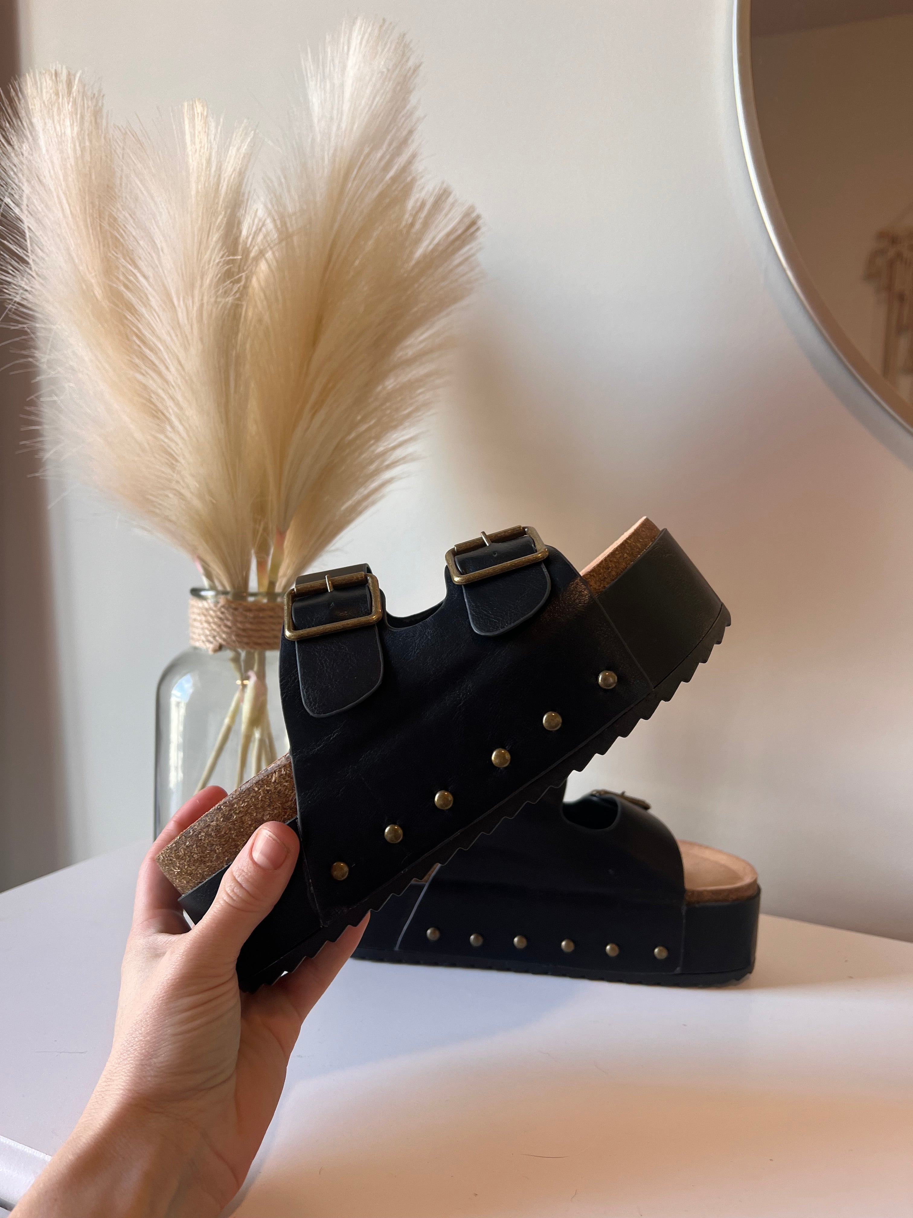 Blowout Stacked Double Strap Slides Black Pu