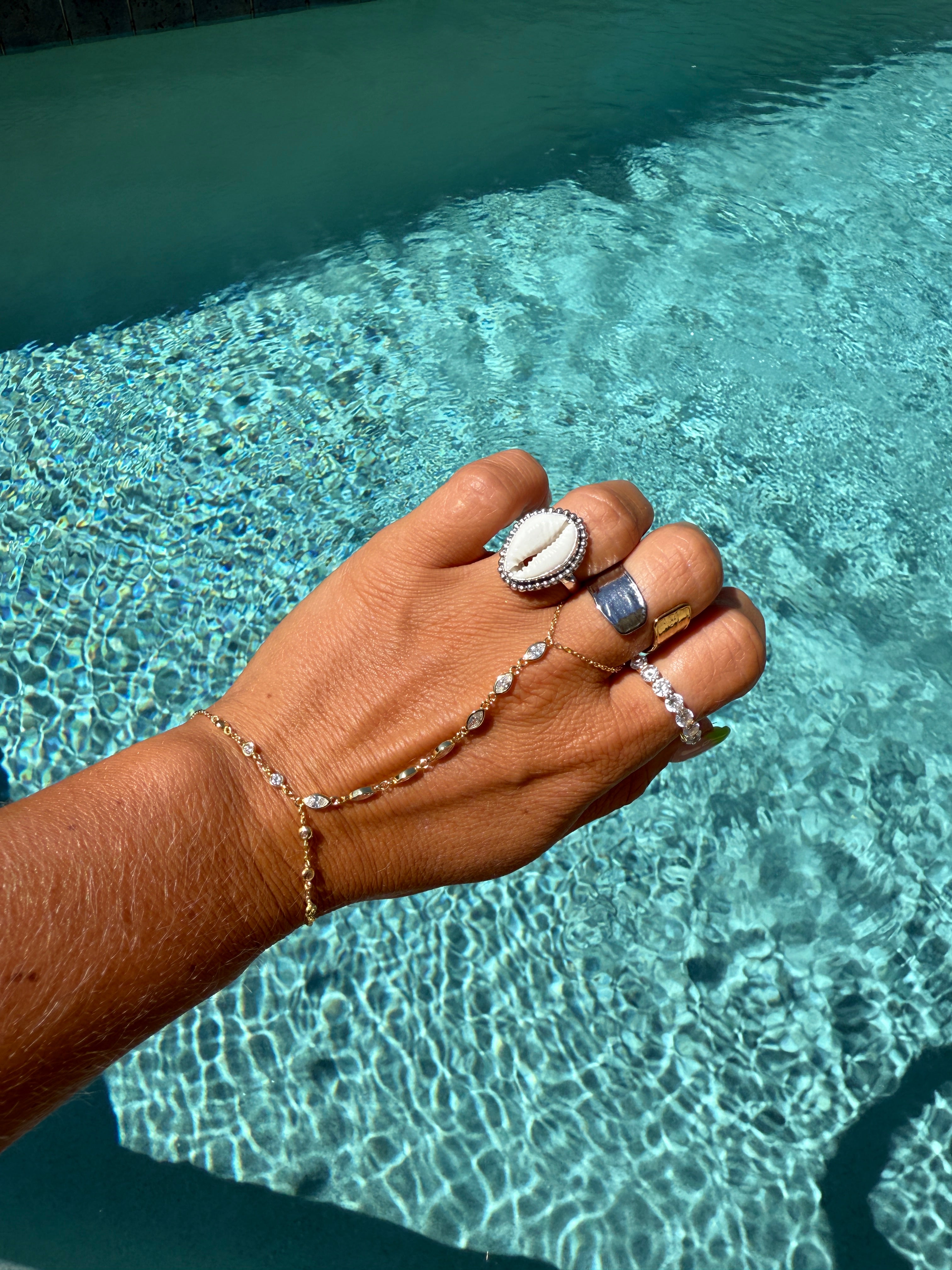 Beaded Cowrie Shell Ring Silver