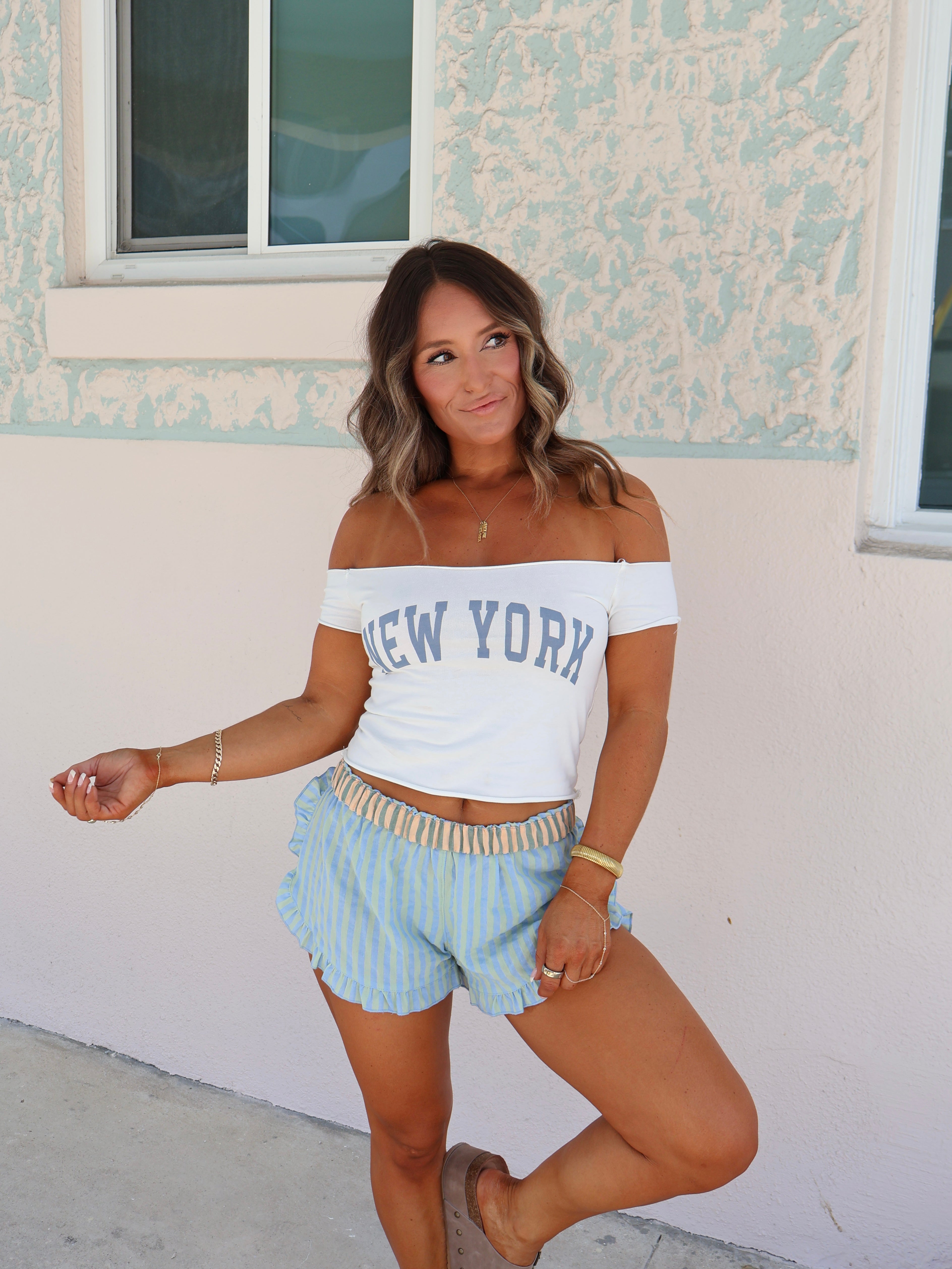 NY NY Off Shoulder Baby Tee White