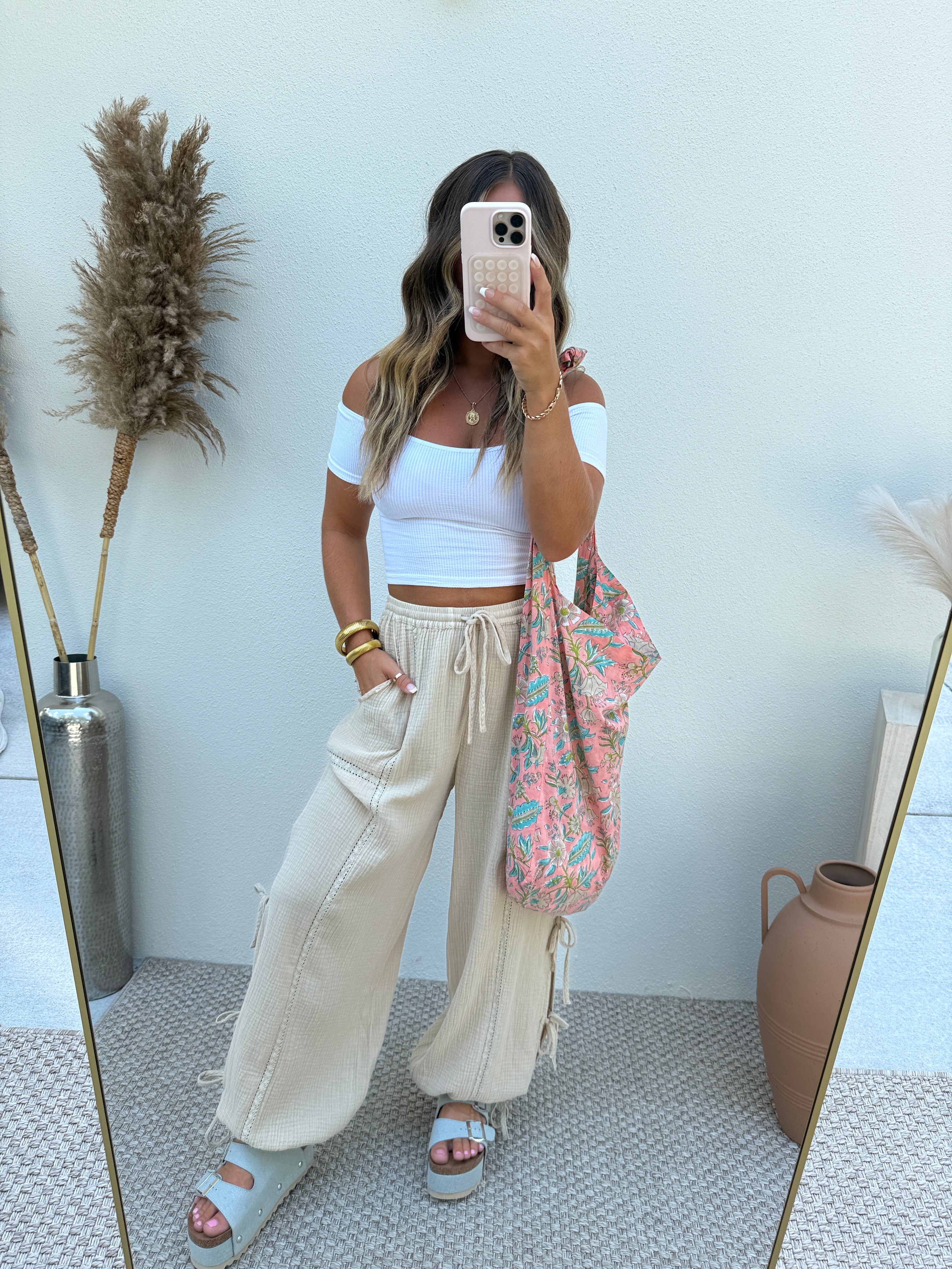 Nomad Ribbon Tie Boho Pants Oatmeal