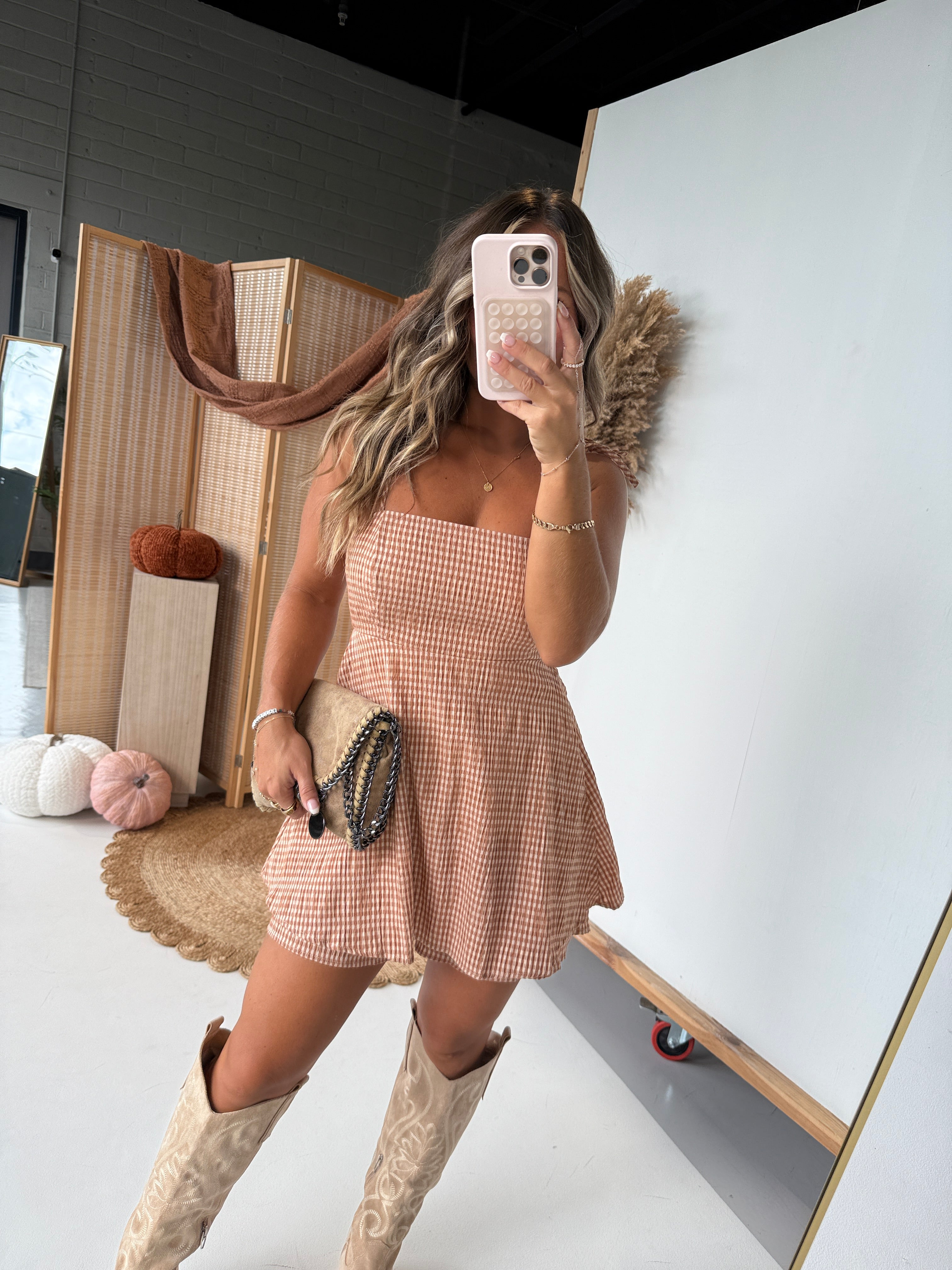 Harvest Glow Romper Dress Gingham Peach