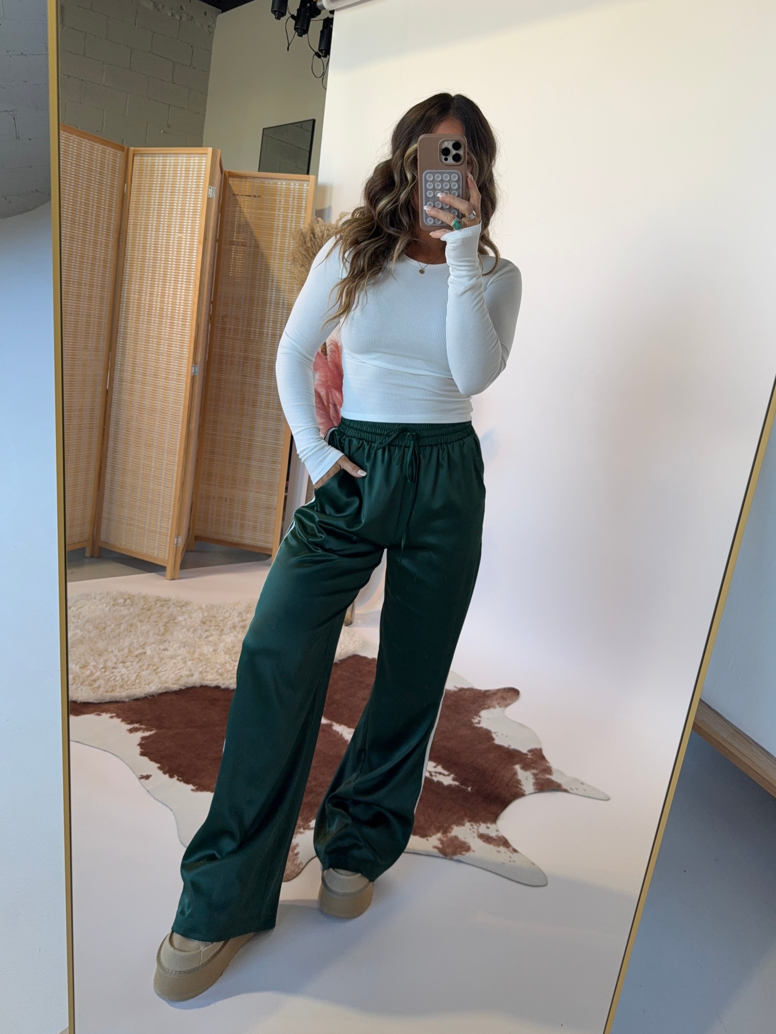 Feeling Lucky Satin Pants Hunter