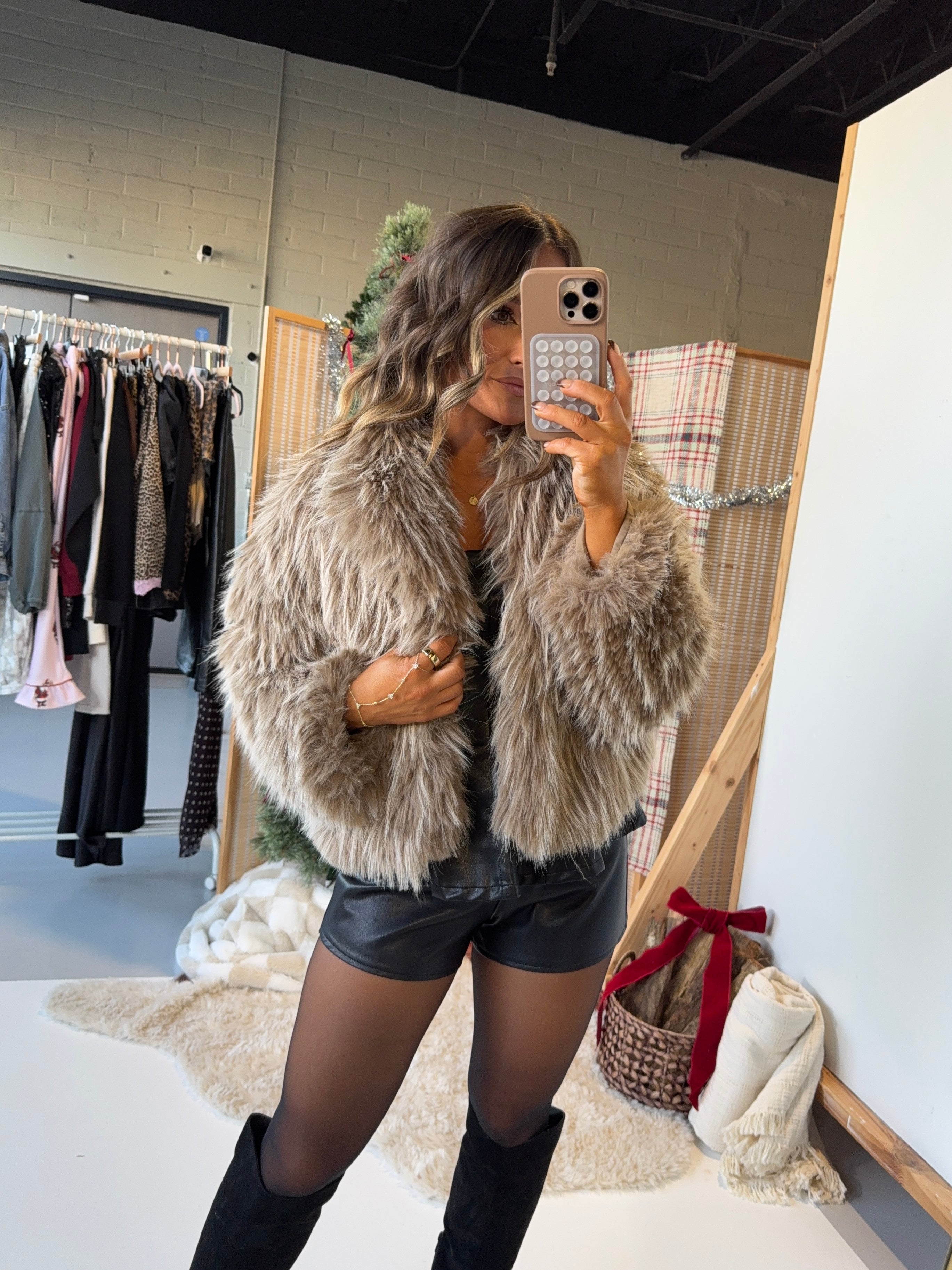 First Snowfall Cropped Fur Jacket Taupe