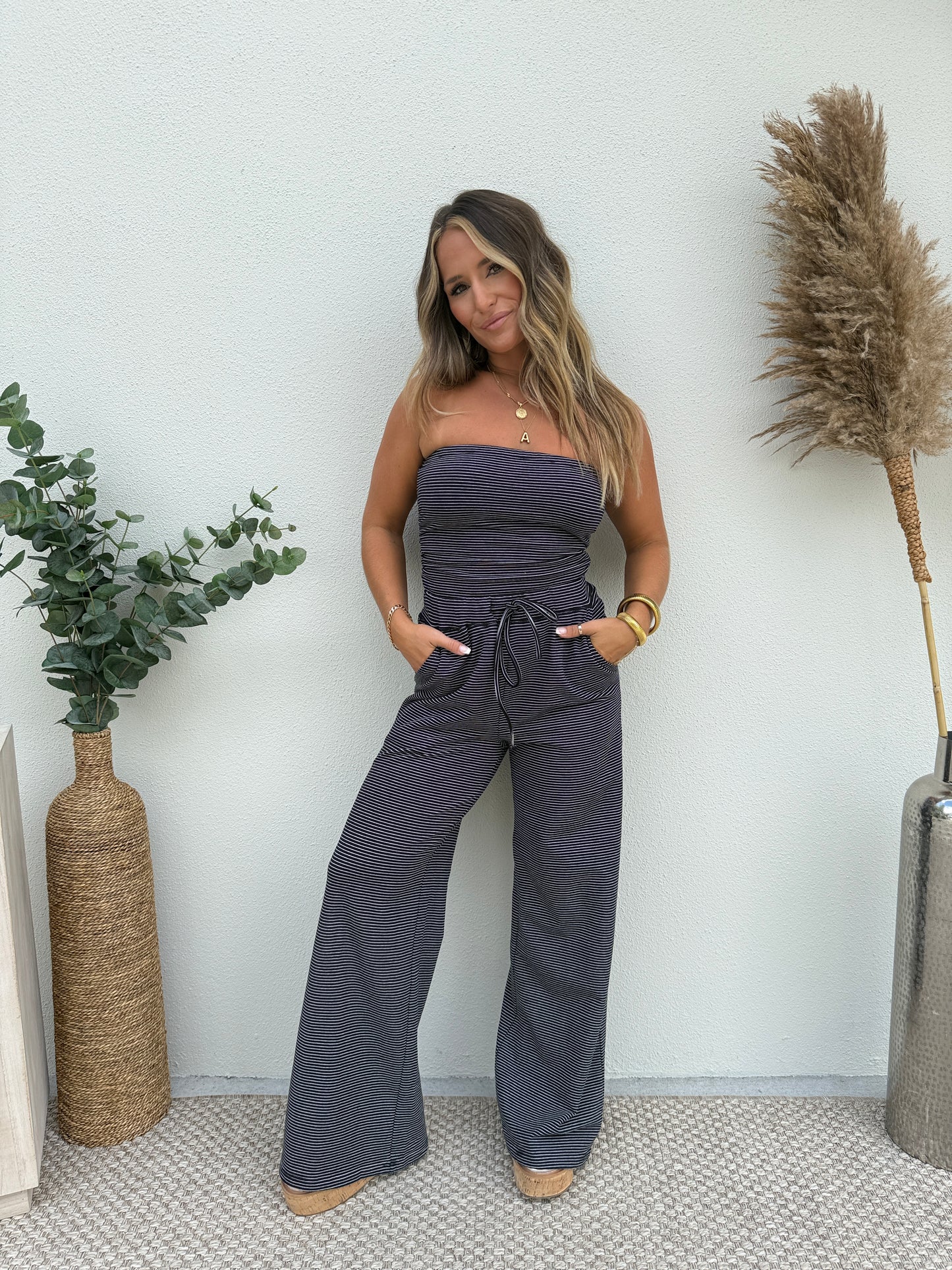 Lounge Luxe Pants Set Striped Navy/Black