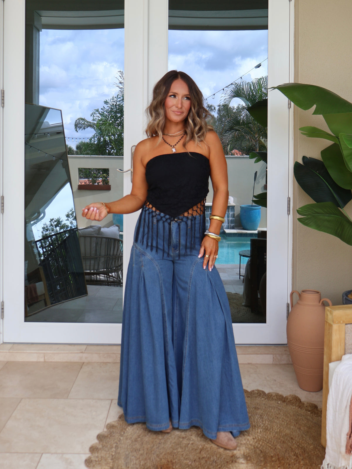 Cyrus Tiered Boho Pants Dark Denim