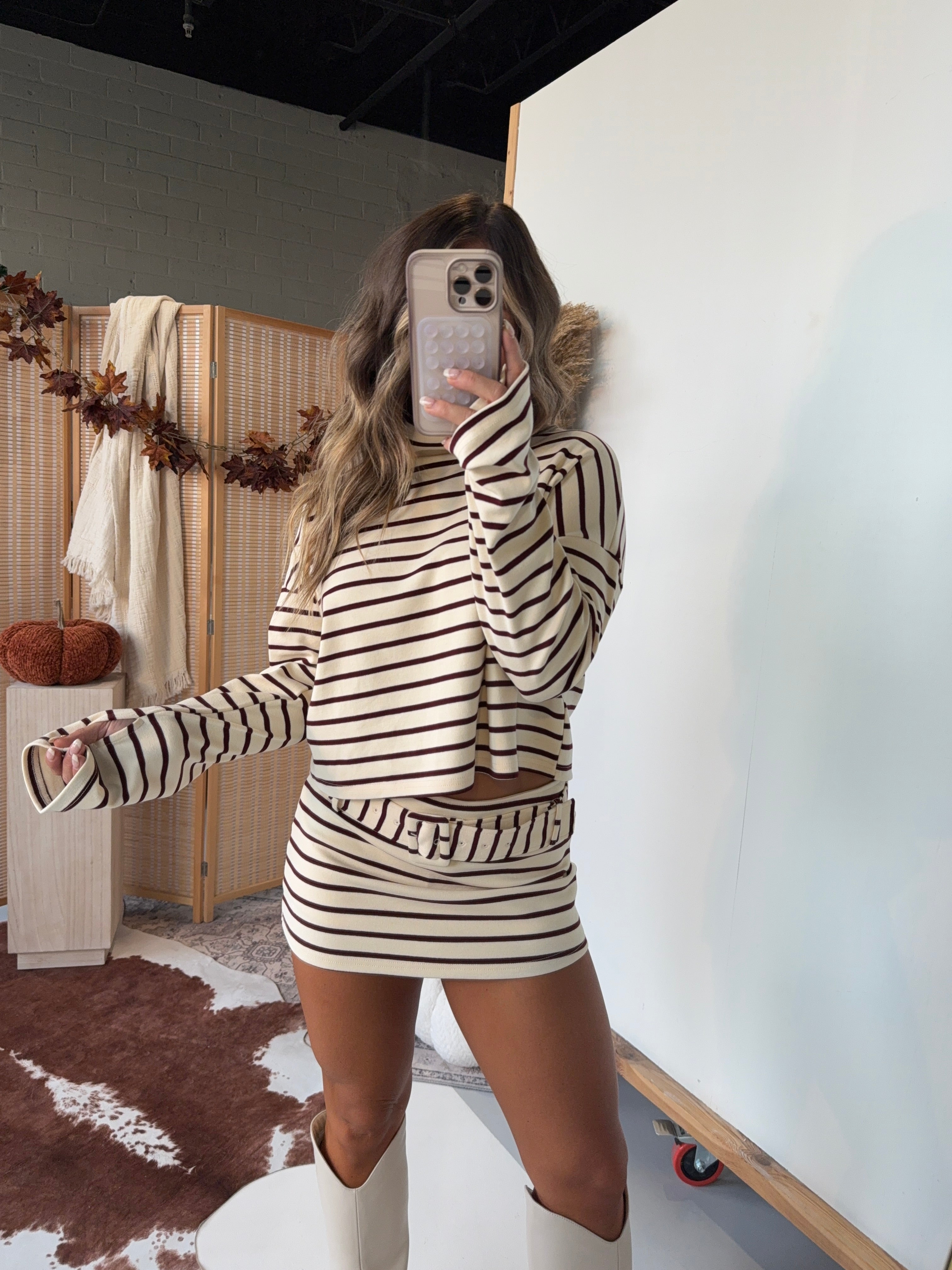 Willow Way Striped Skort Set Cream Burgundy