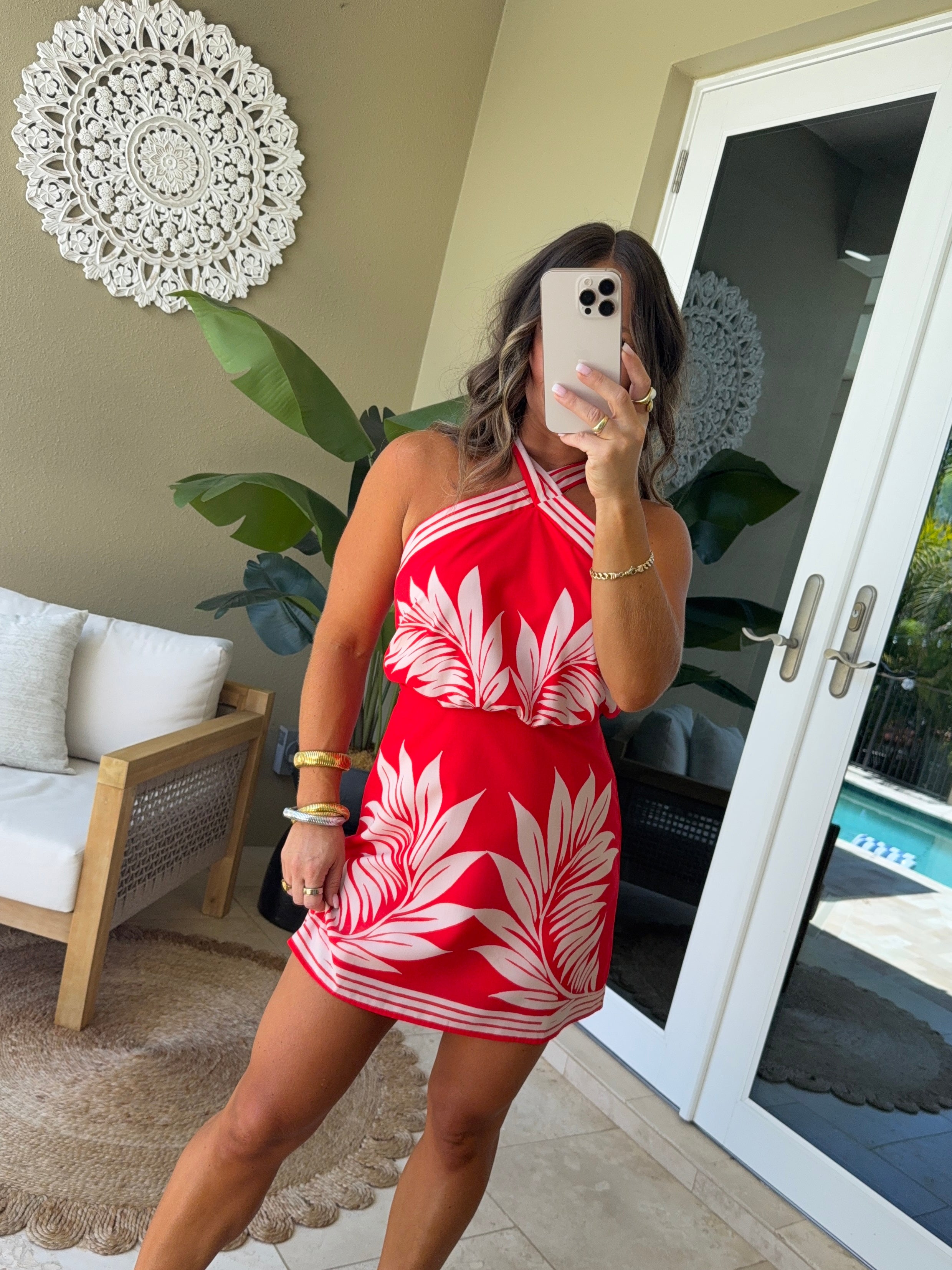 Island Heat Halter Mini Dress Red Multi