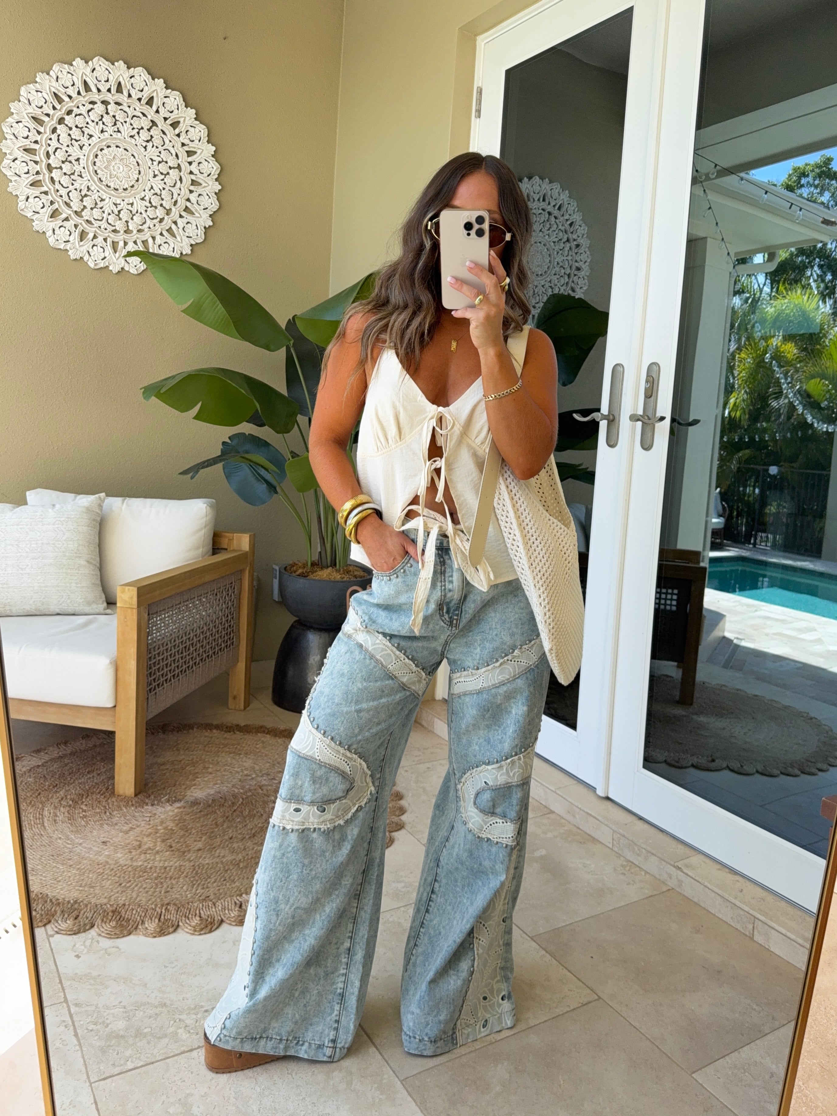 Seashore Patchwork Denim Pants Cream