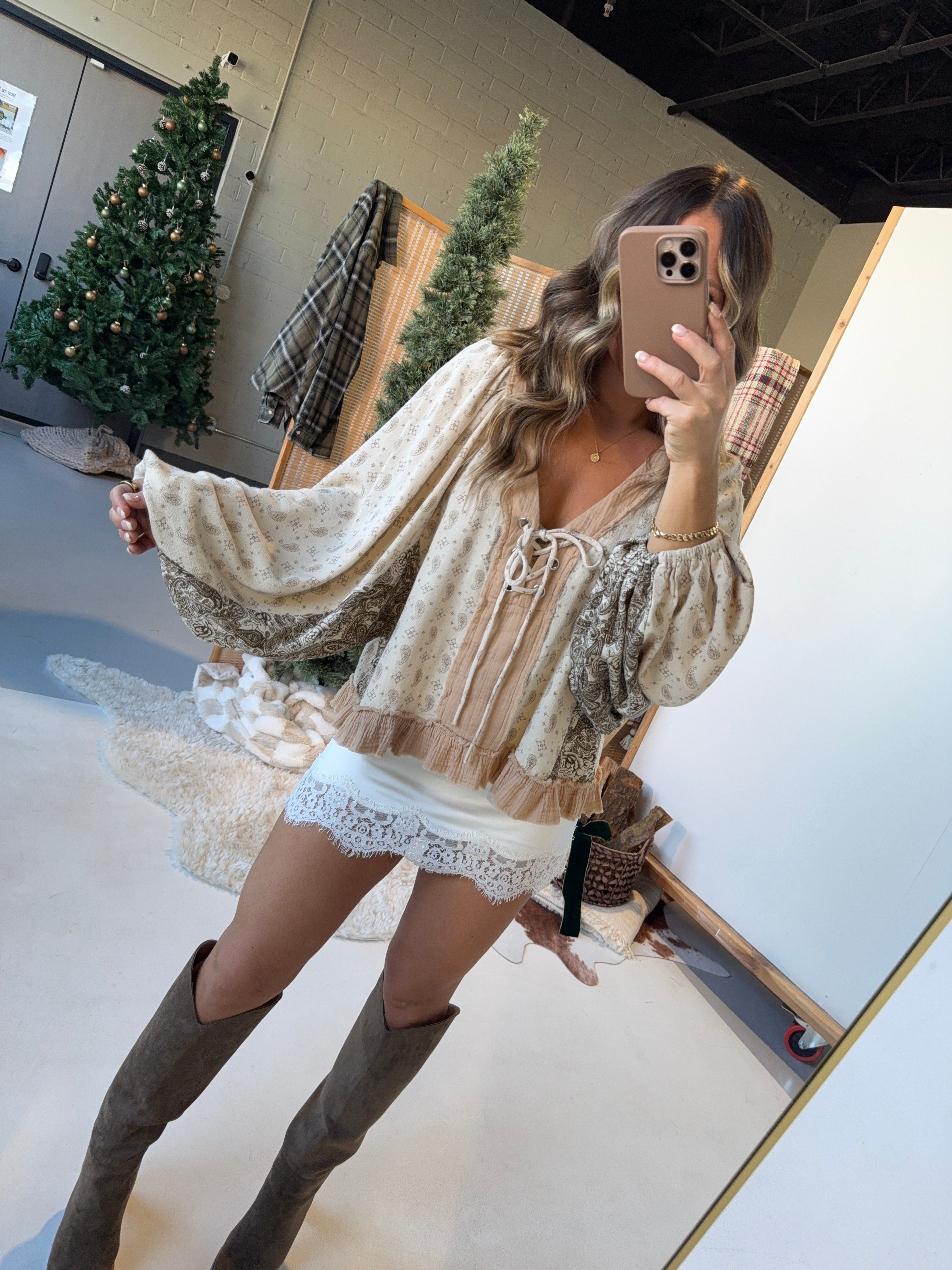 Whitewood Paisley Boho Top Beige Multi