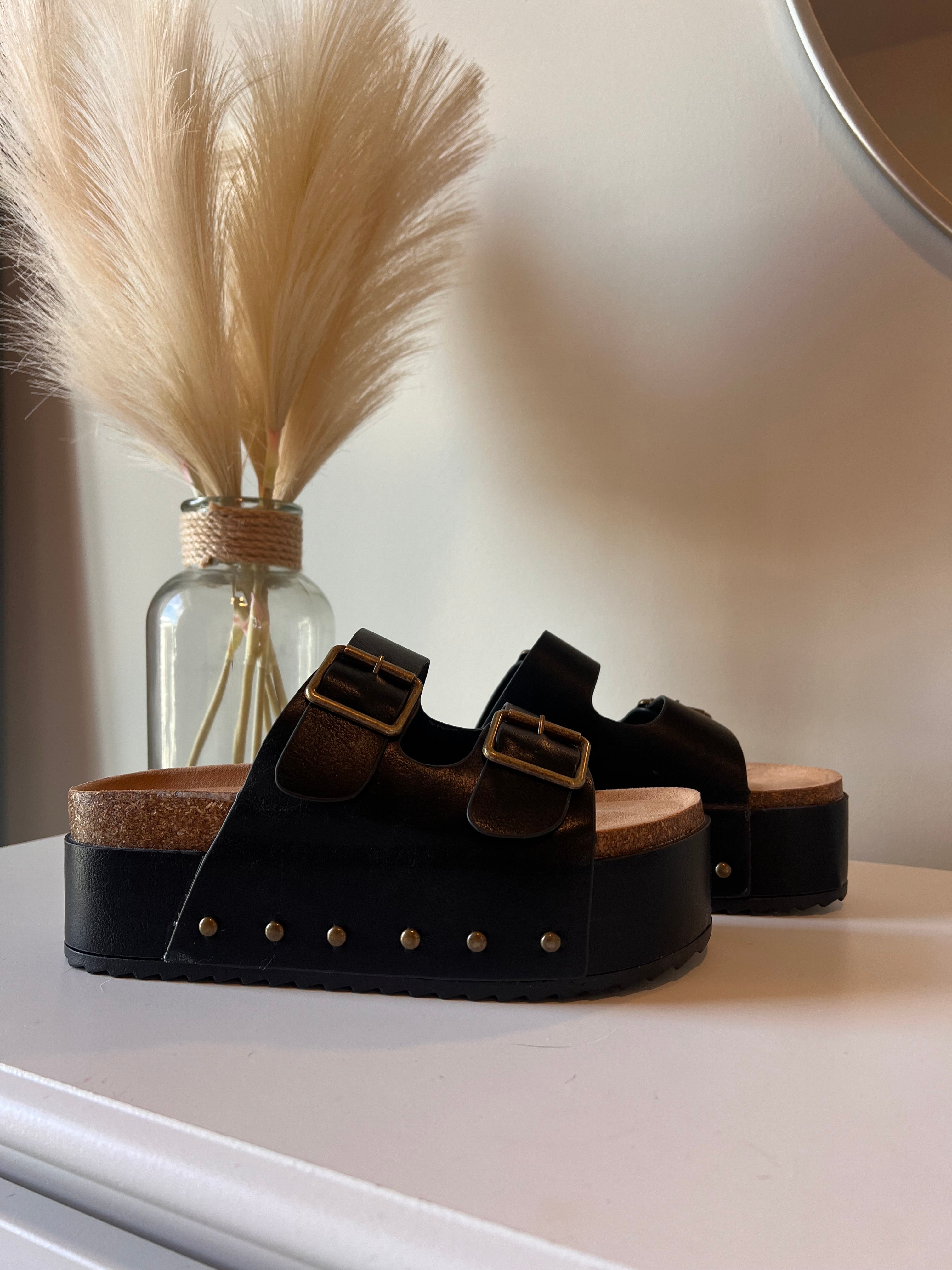 Blowout Stacked Double Strap Slides Black Pu