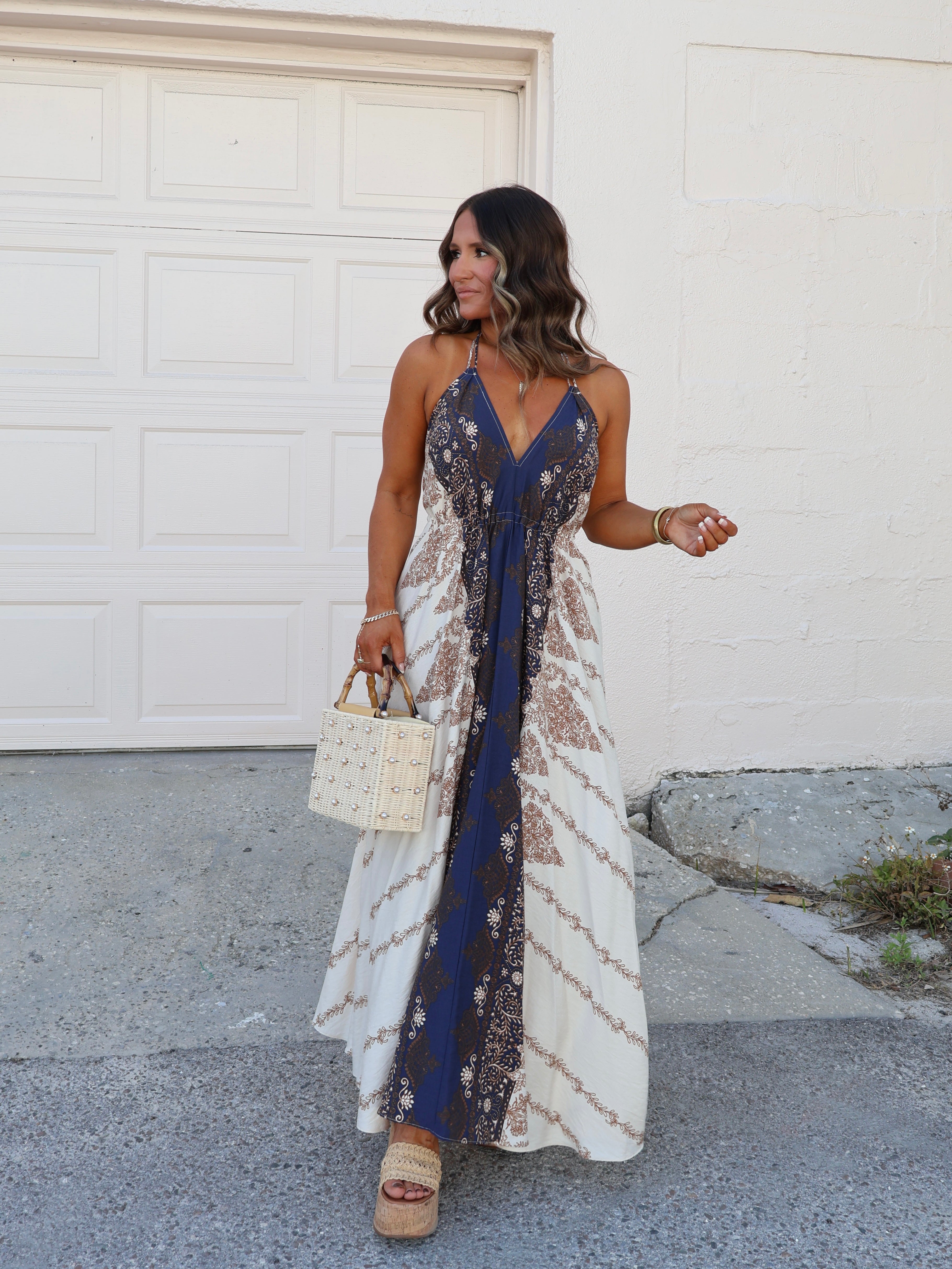 Boho Fields Halter Dress Oat/Navy