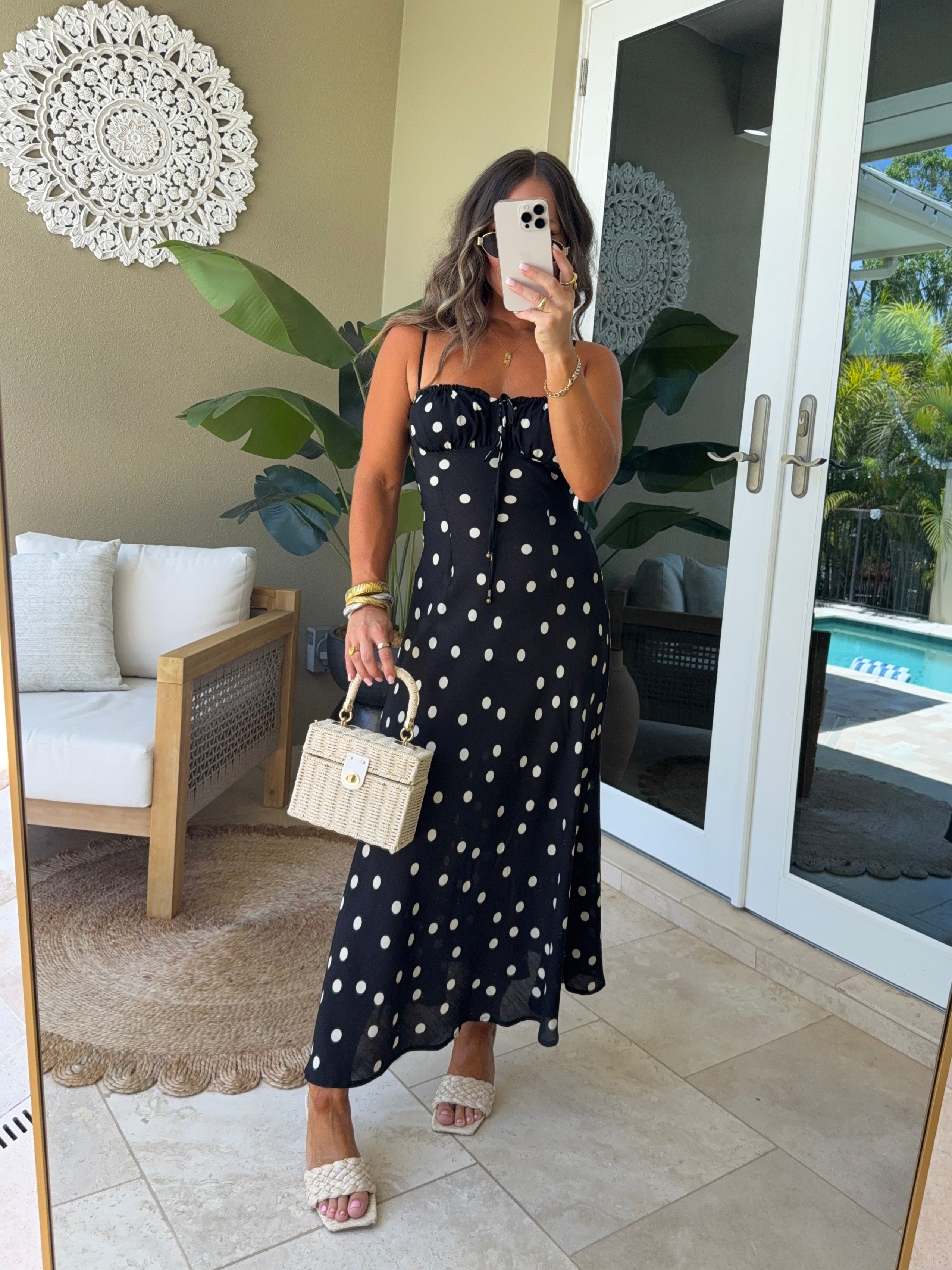 Montecito Bustier Polka Dot Midi Dress Black/Cream