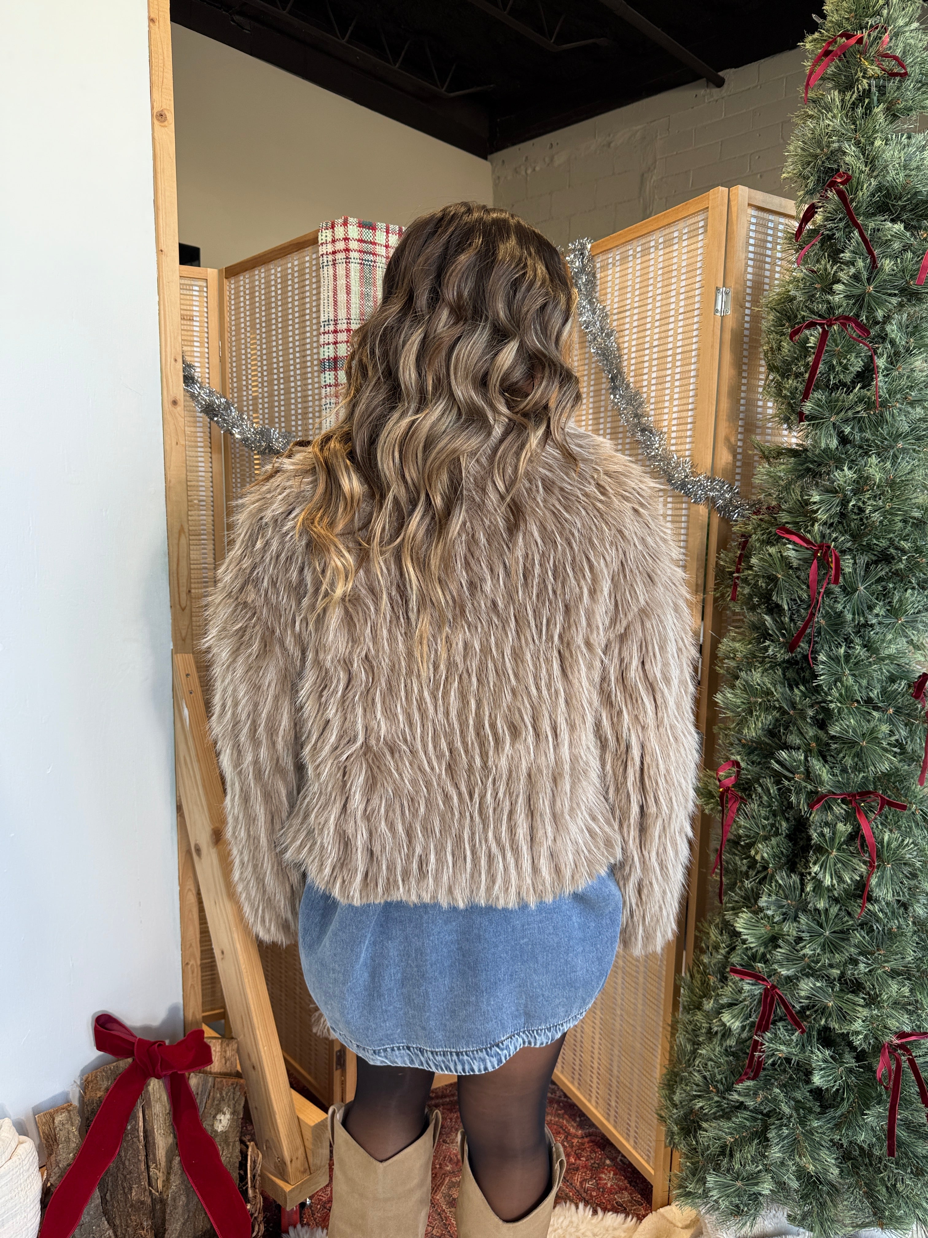 First Snowfall Cropped Fur Jacket Taupe