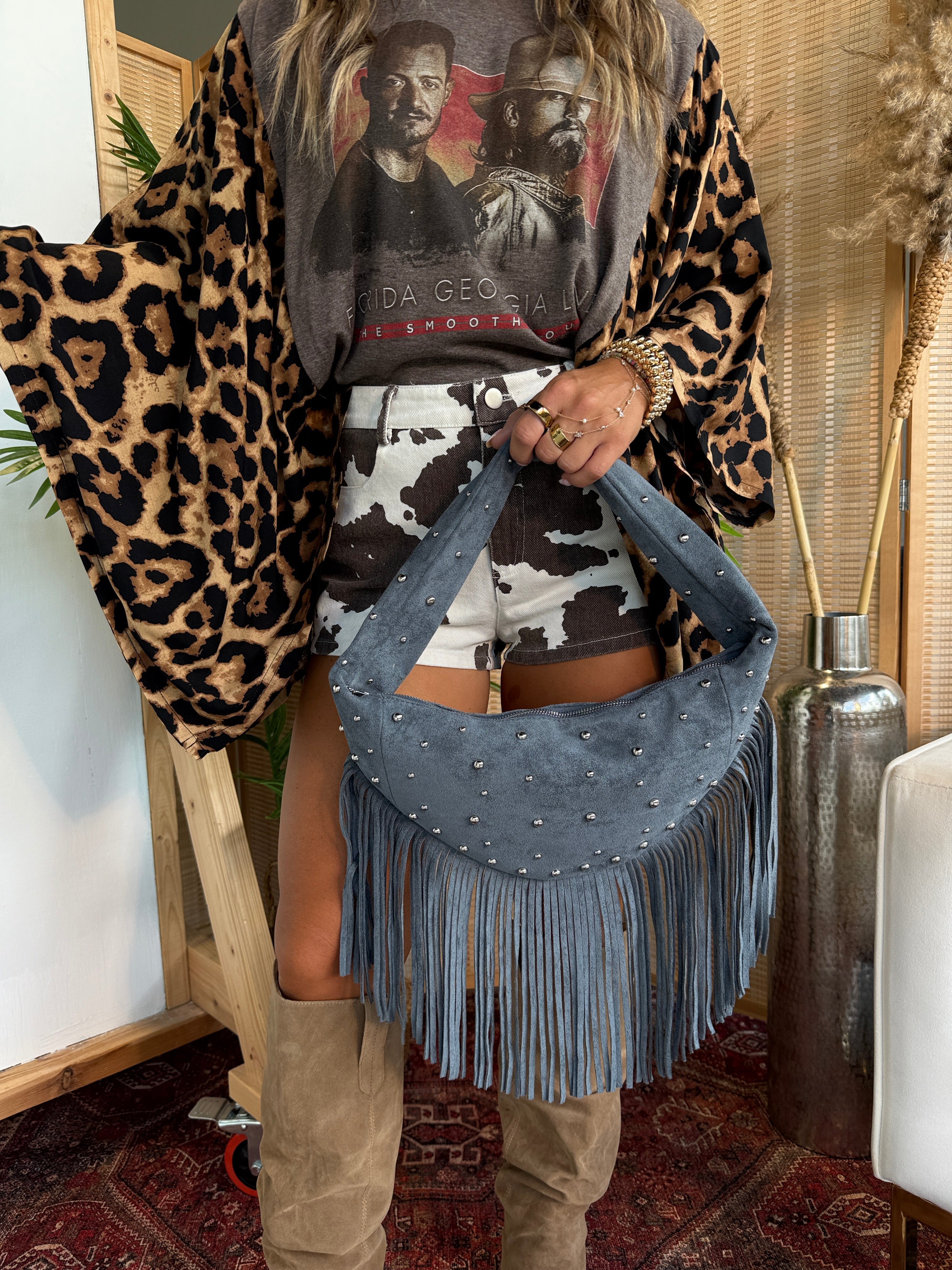 Forever Fringe Suede Bag Slate Blue