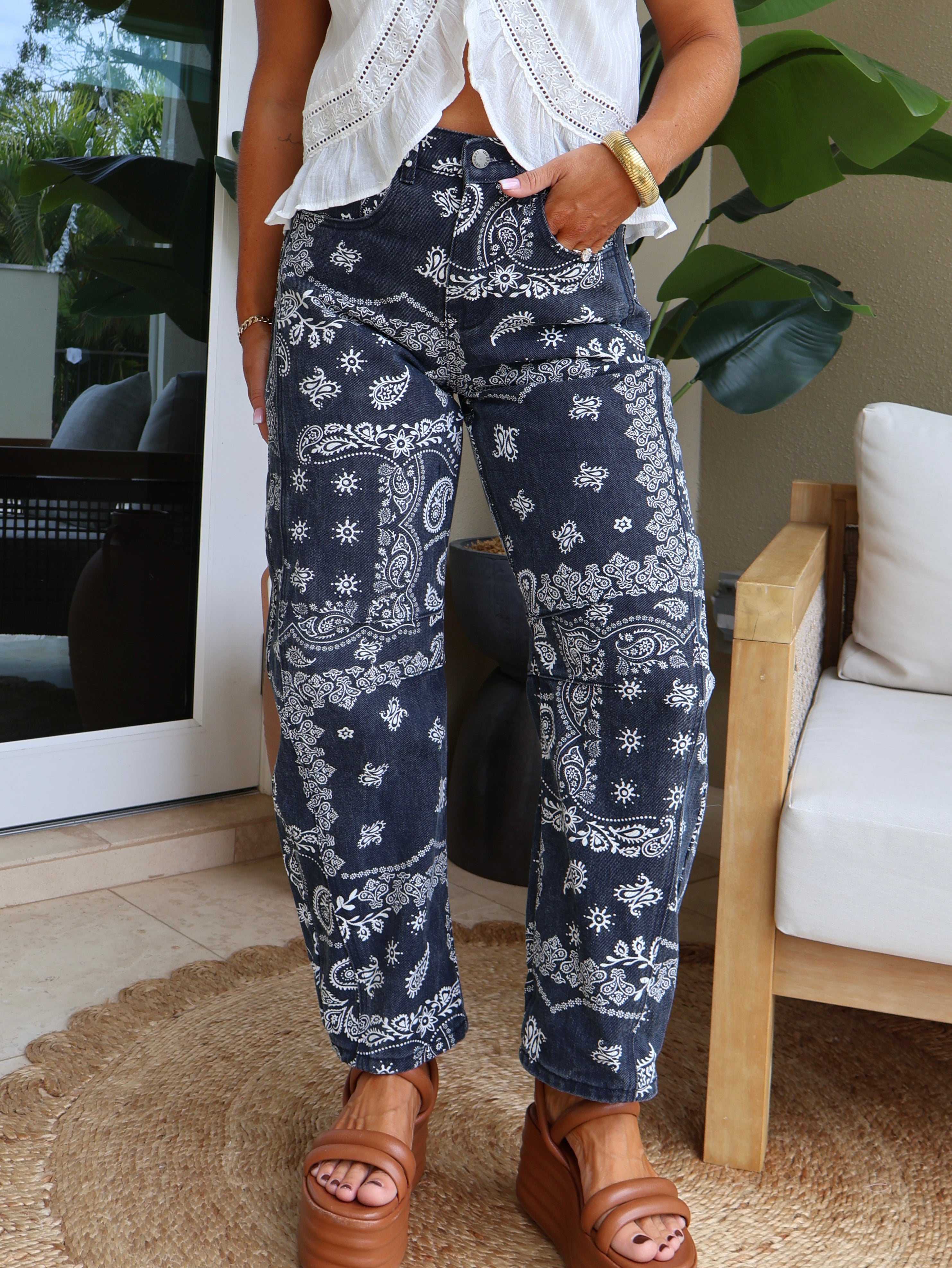 Midnight Paisley Denim Barrel Jeans Navy