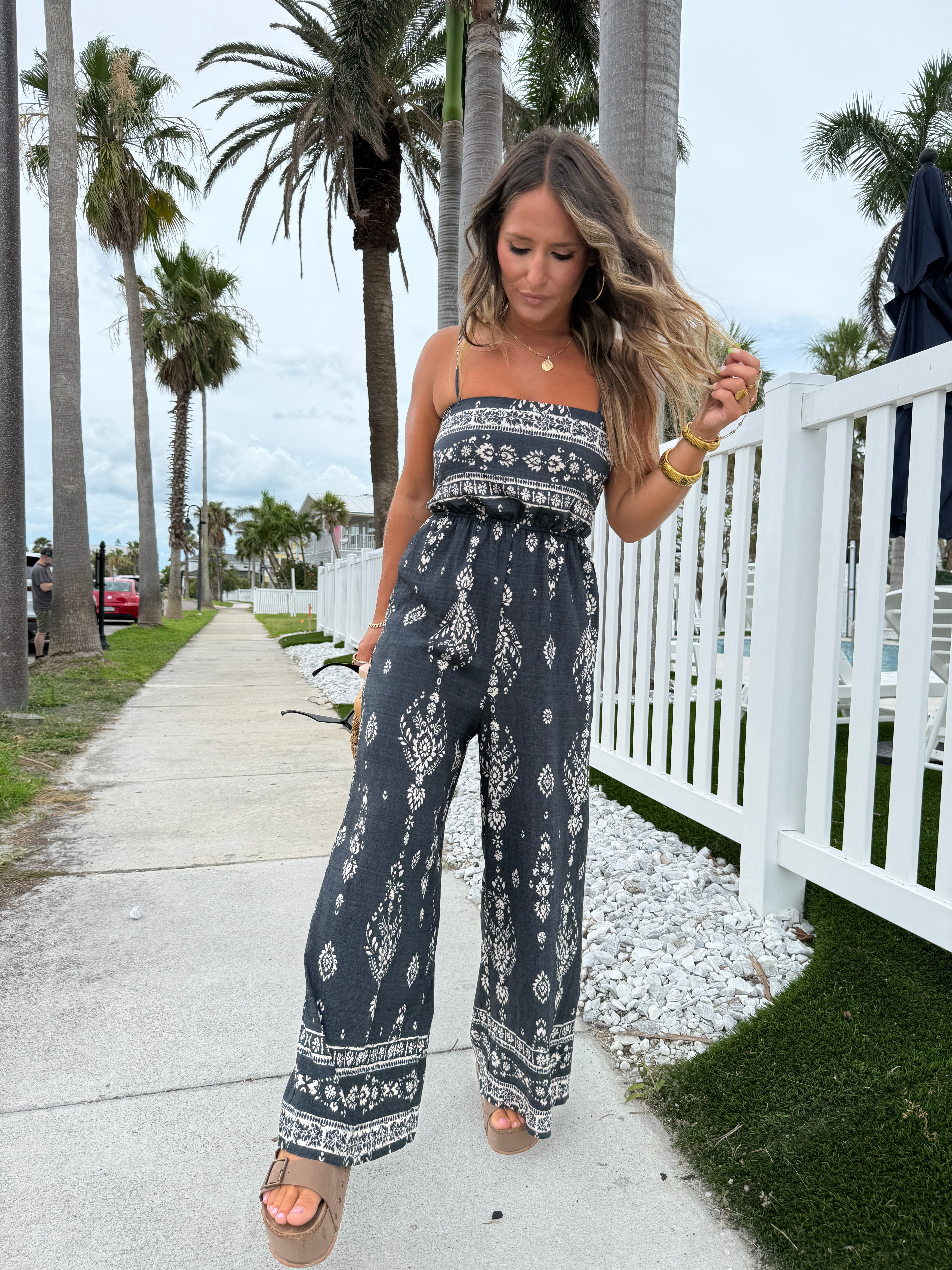 South of the Boarder Smocked Jumpsuit Navy