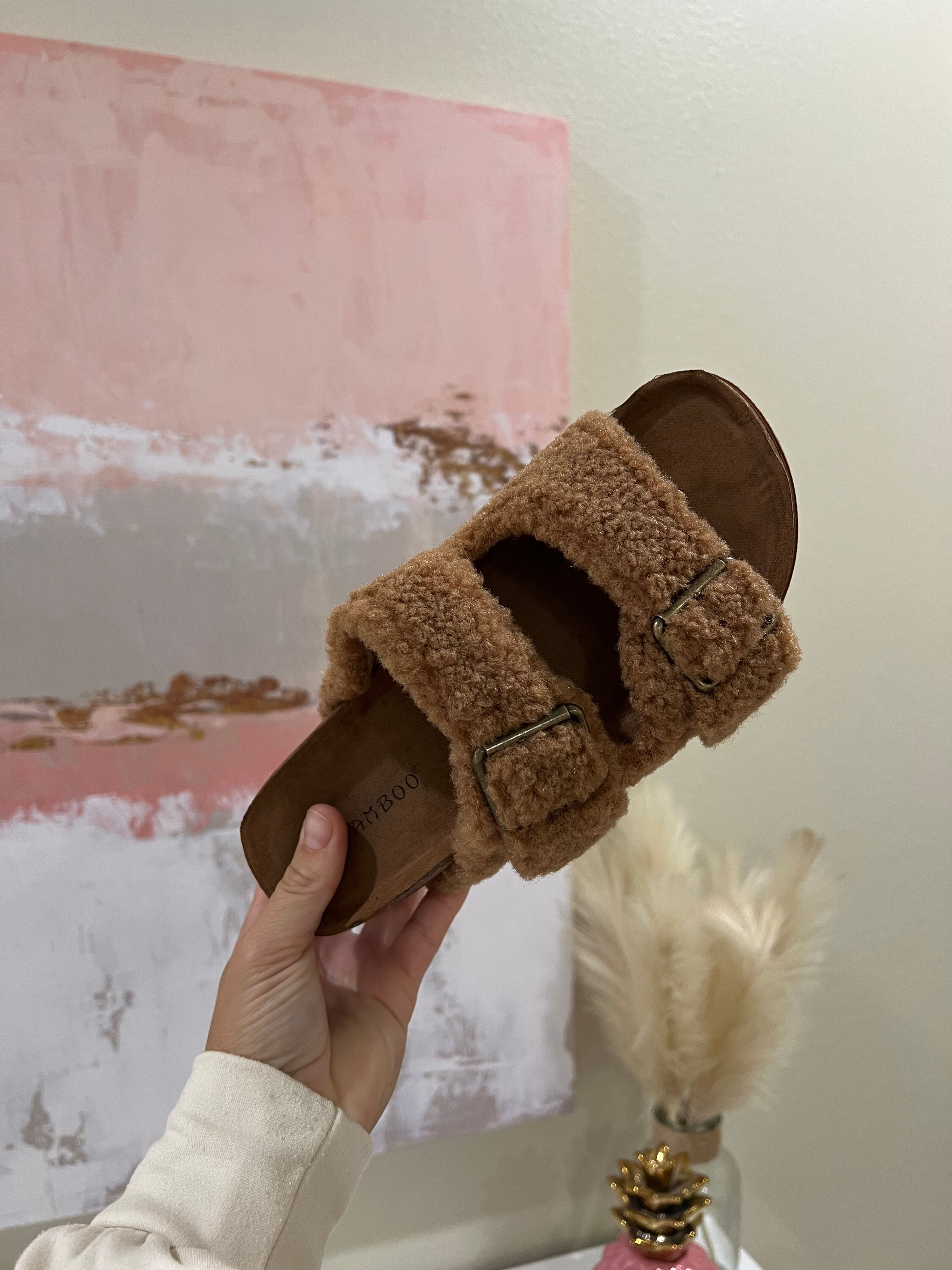 Blowout Stacked Double Strap Slides Brown Fur