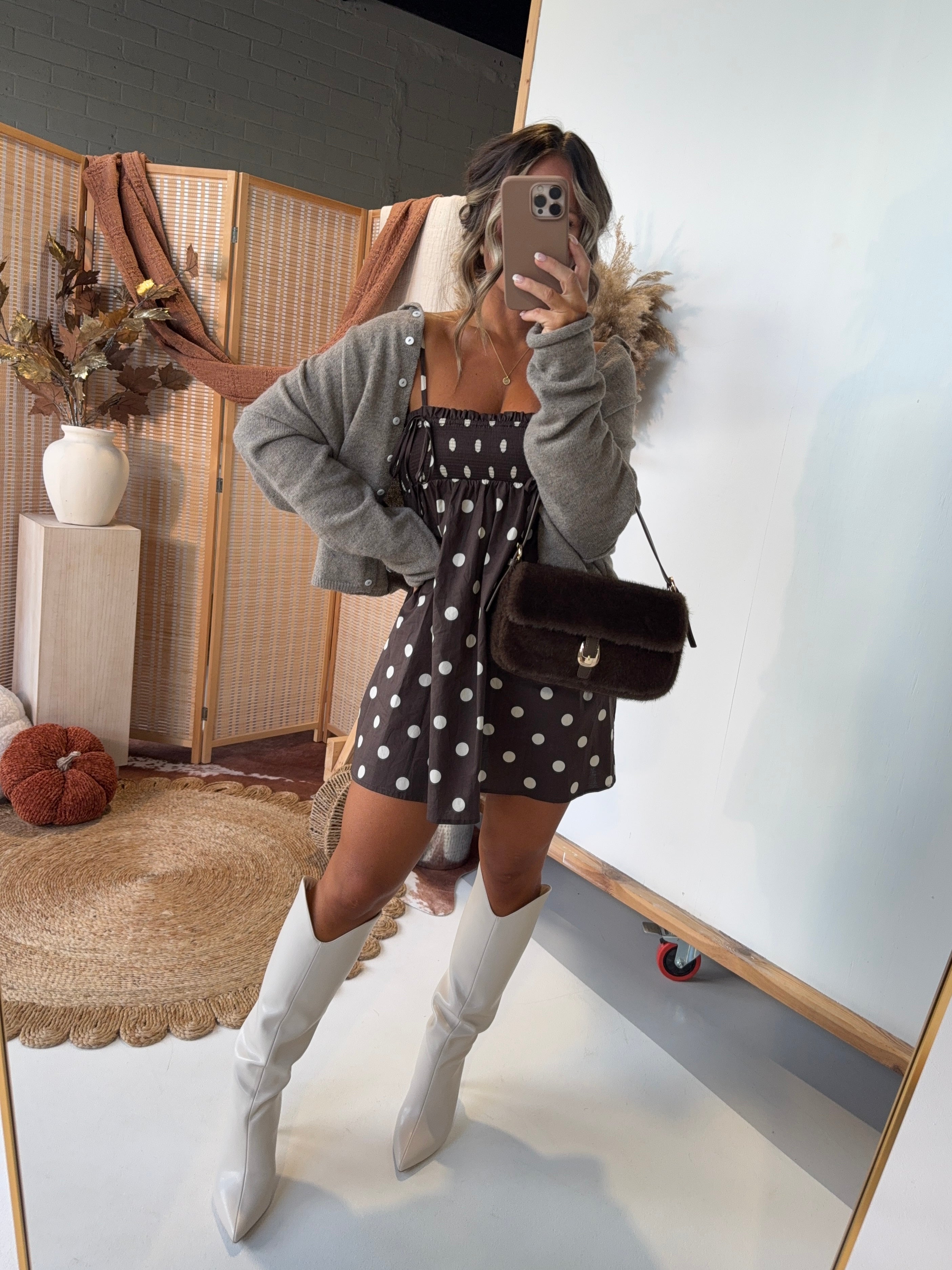 Burnt Sienna Polka Dot Mini Dress Brown