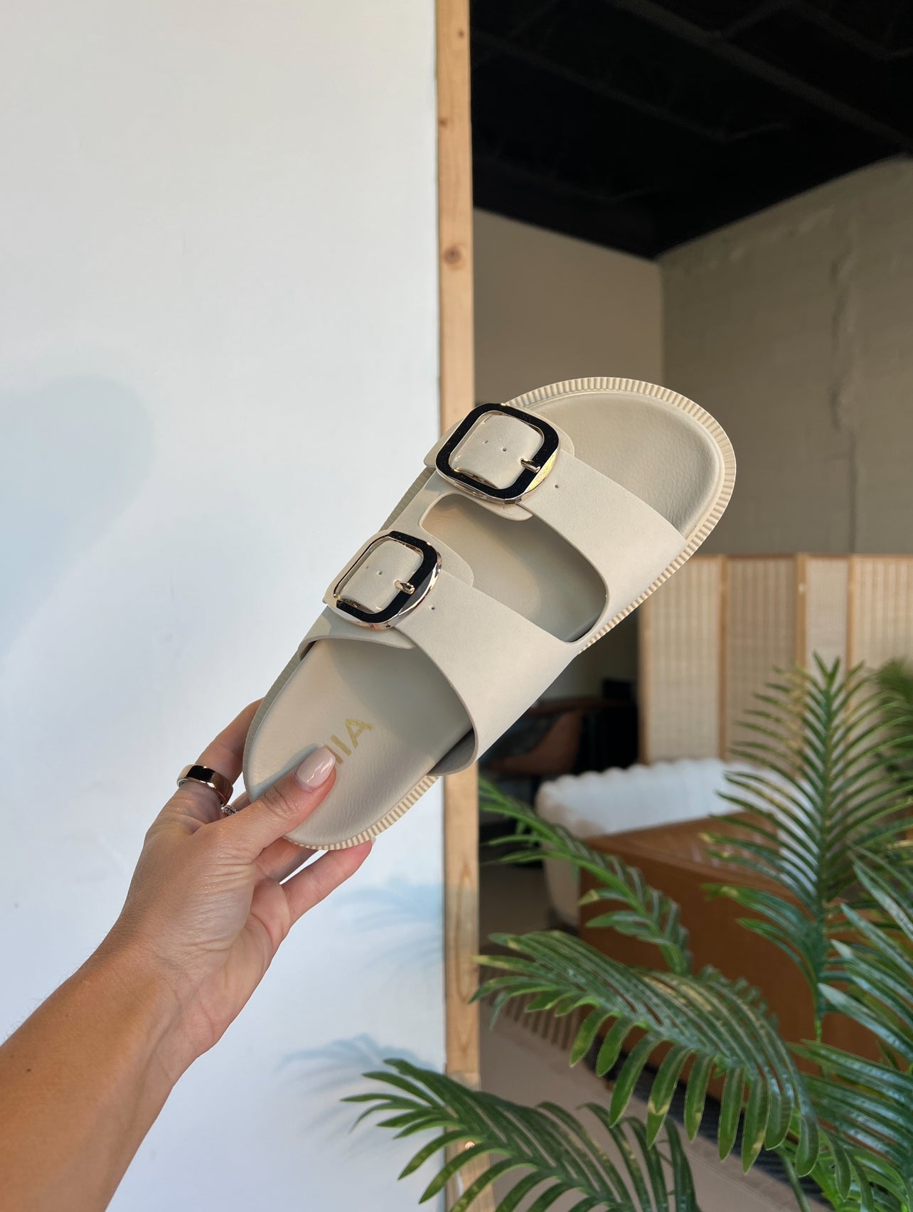 Bursue Double Strap Slides Beige