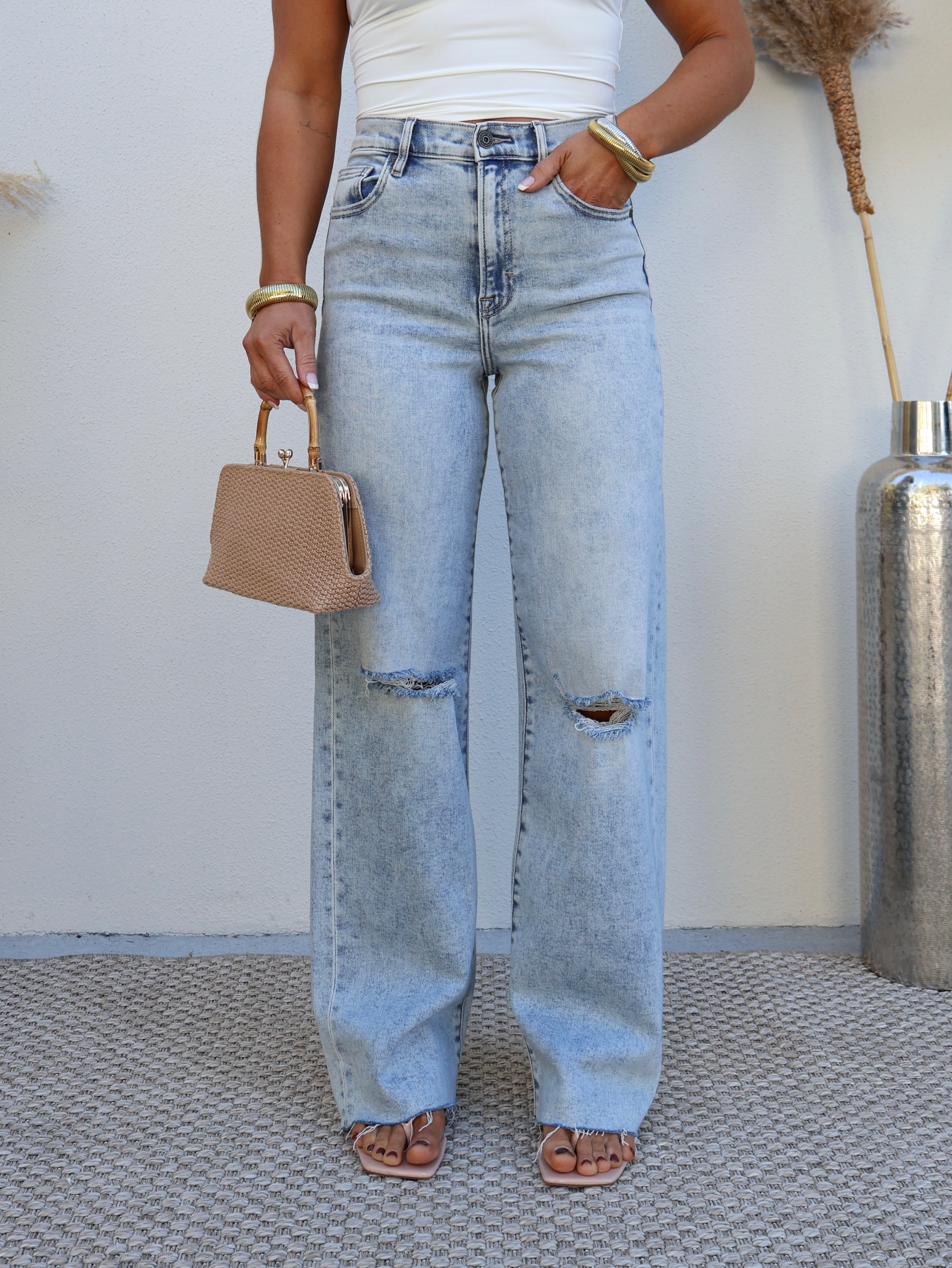 Khelani Distressed Straight Leg Jeans Light Blue