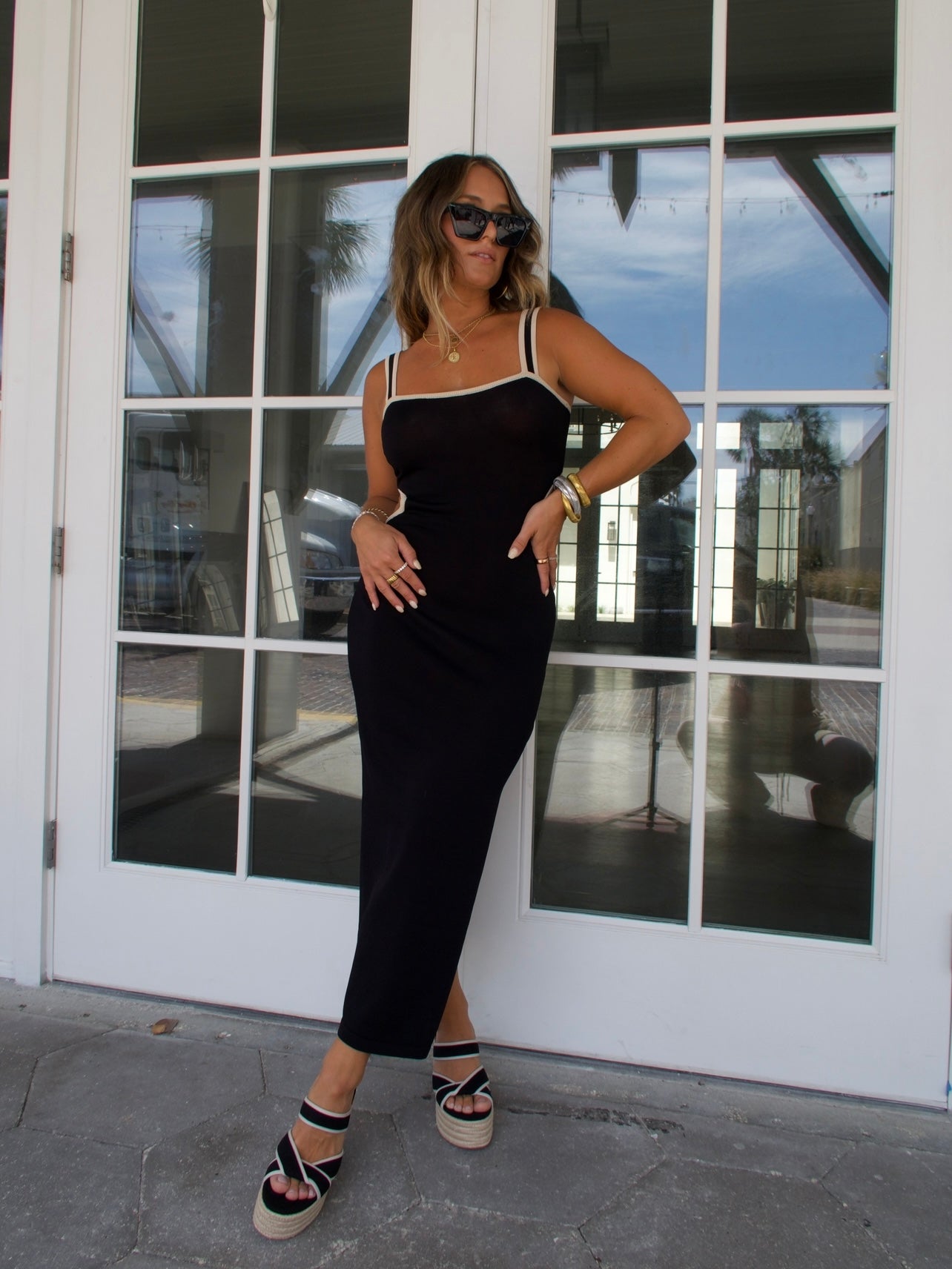 Beachside Contrast Knit Midi Dress Black
