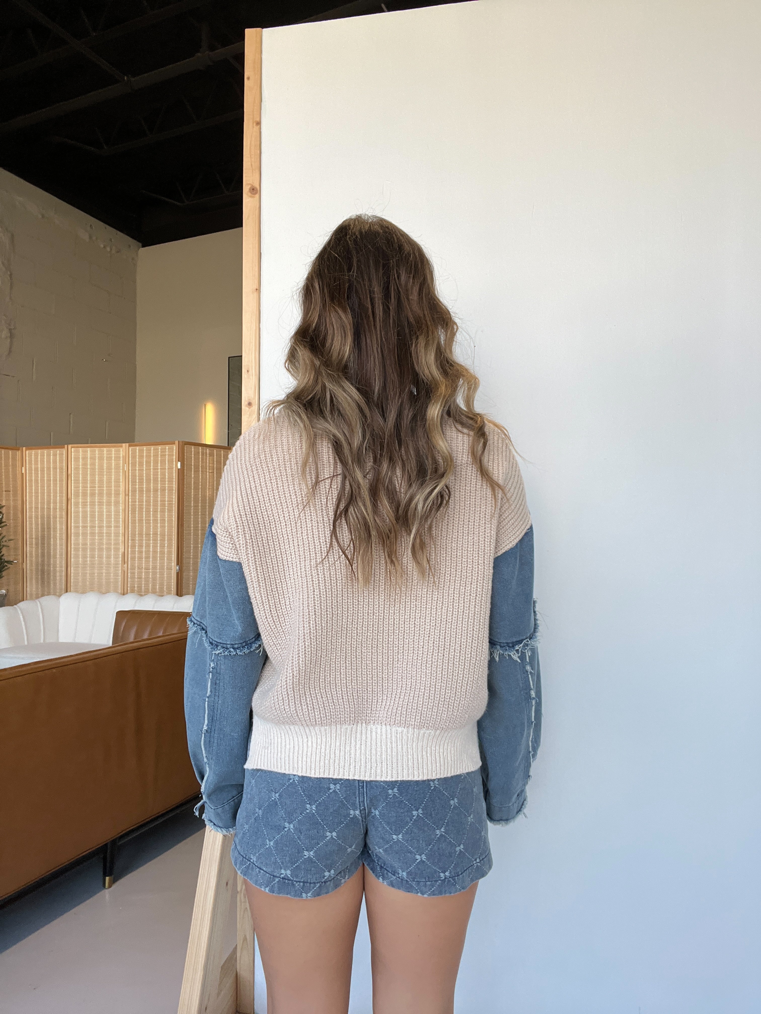 Fall Foliage Denim Sleeve Sweater Oatmeal