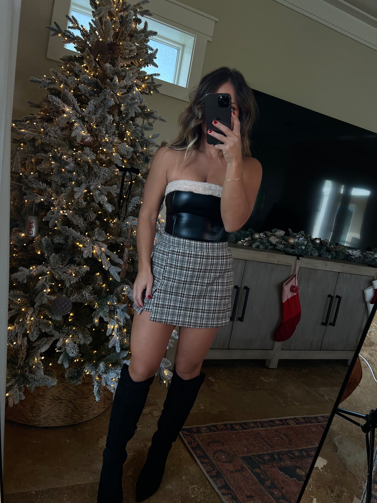Santa Baby Faux Leather Fur Tube Top Black