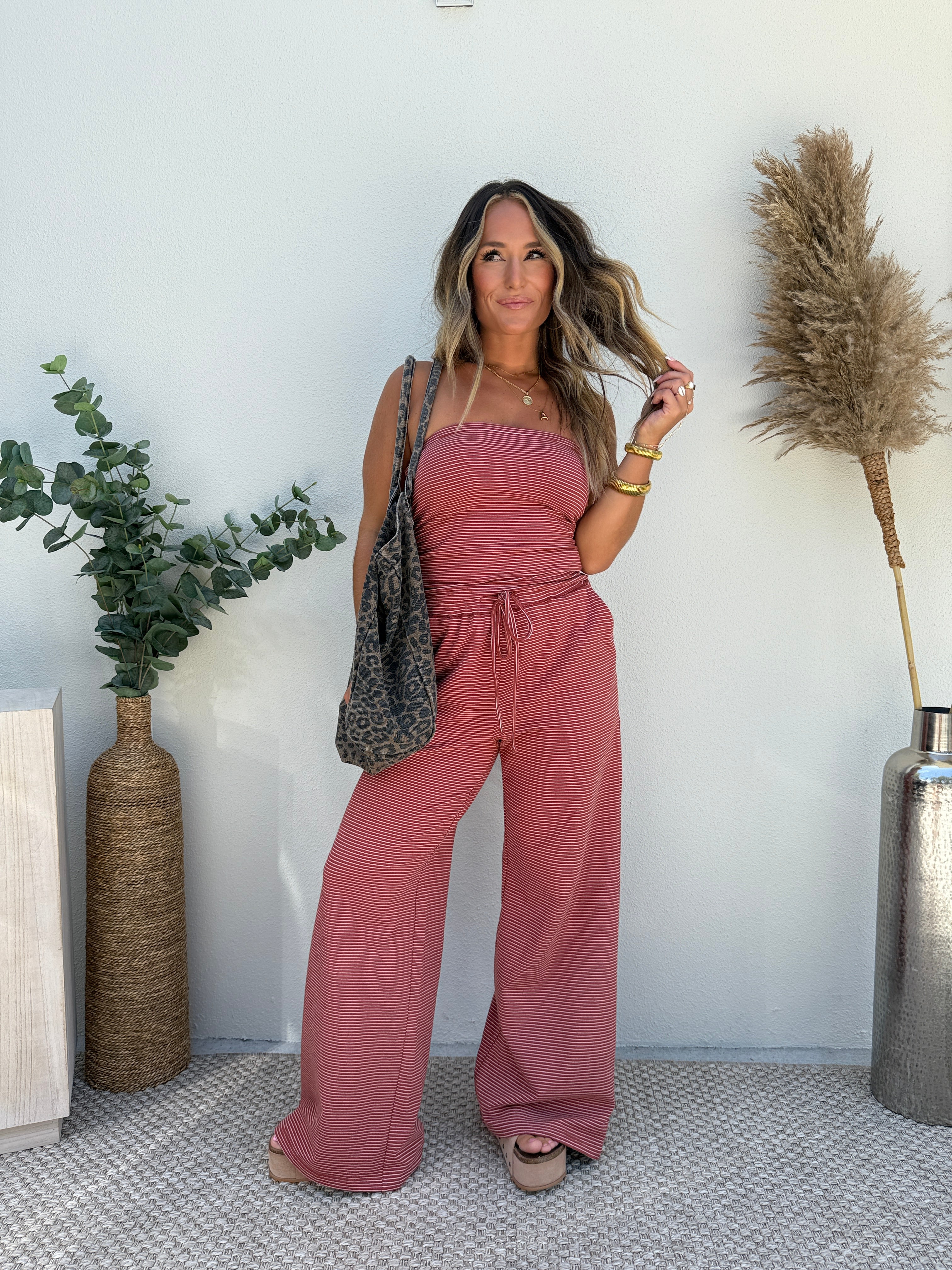Lounge Luxe Pants Set Striped Rust