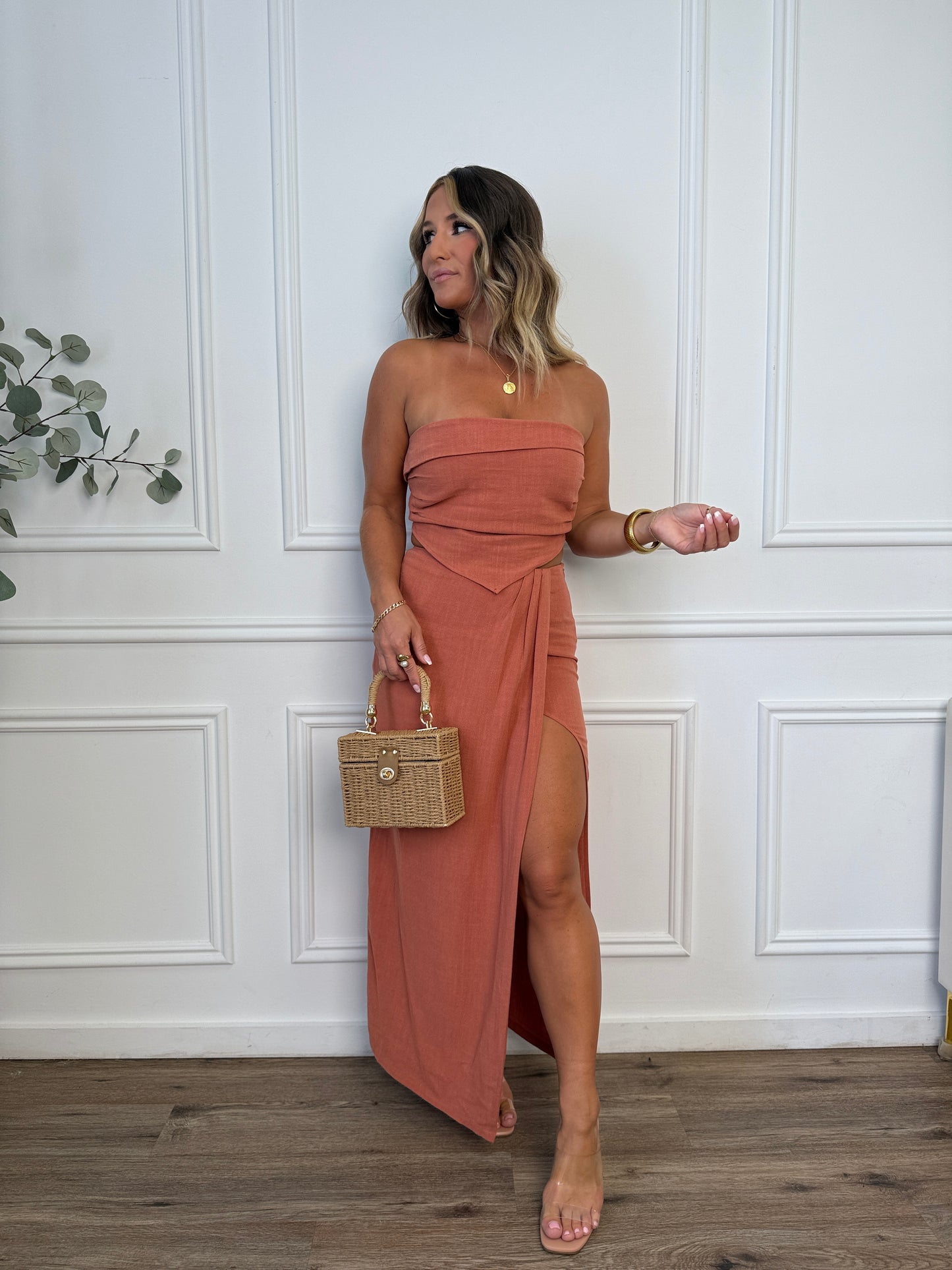 Marigold Drip Maxi Skirt Set Rust