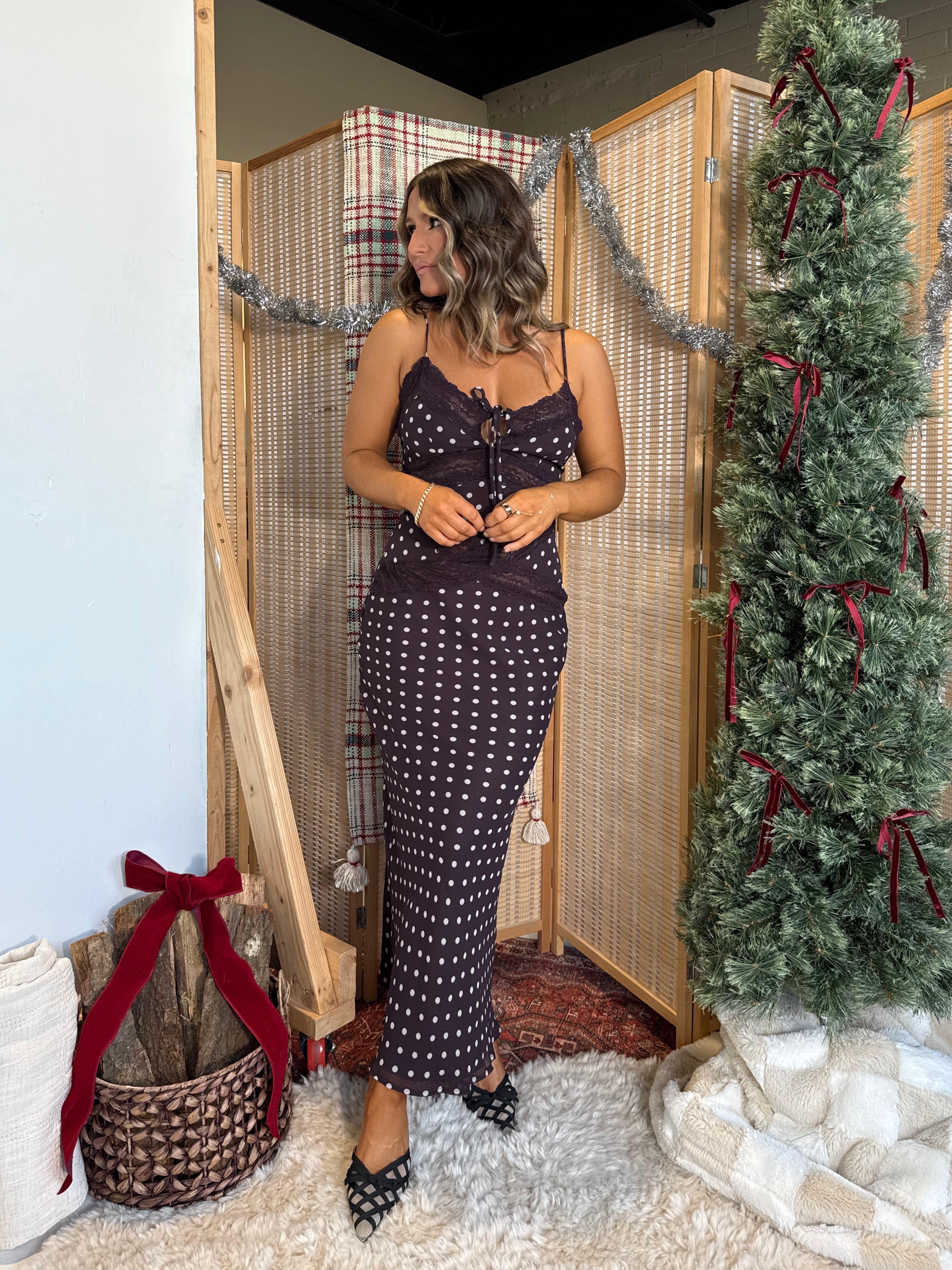 Holiday Date Polka Dot Maxi Dress Brown