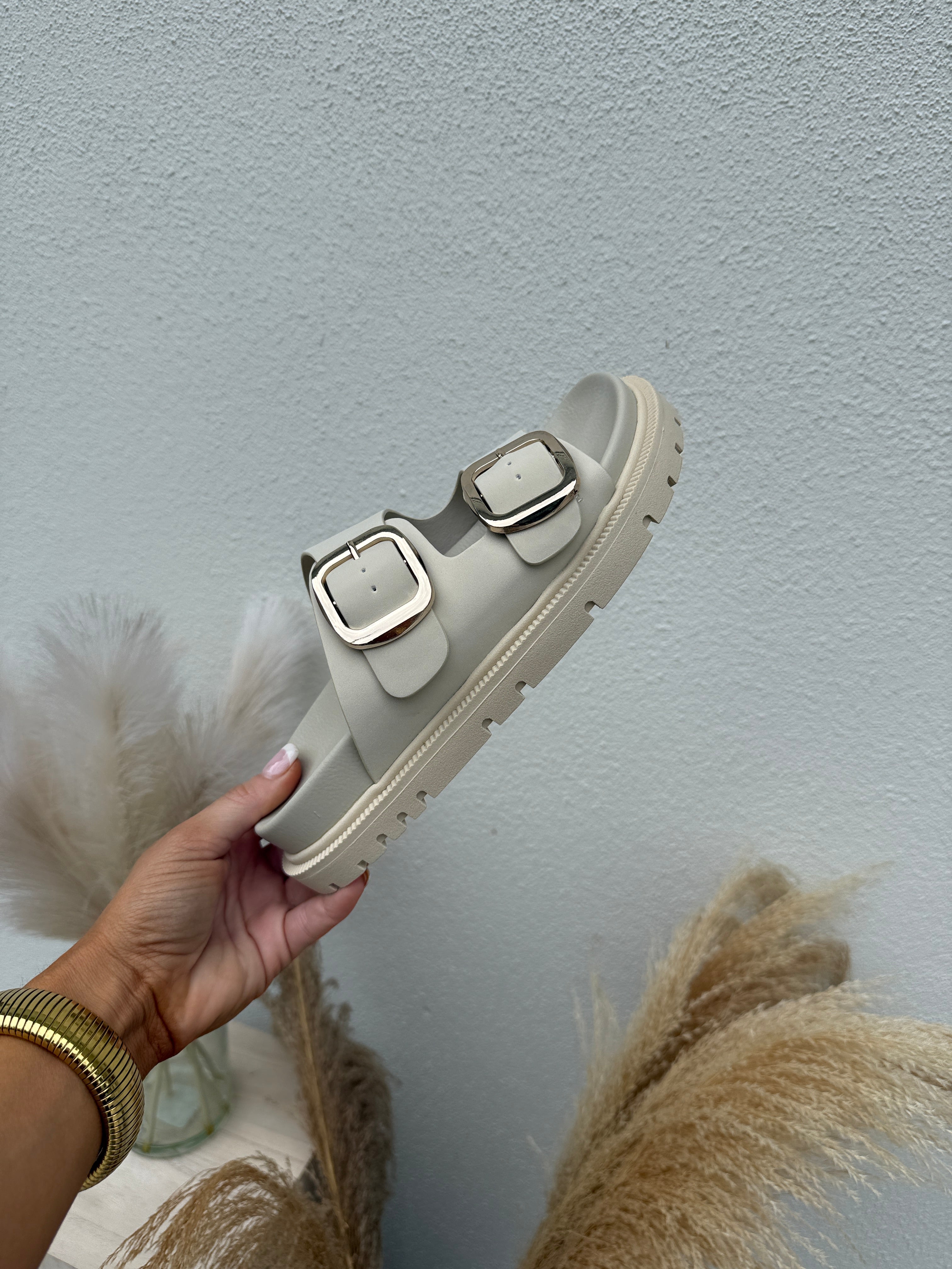 Bursue Double Strap Slides Beige