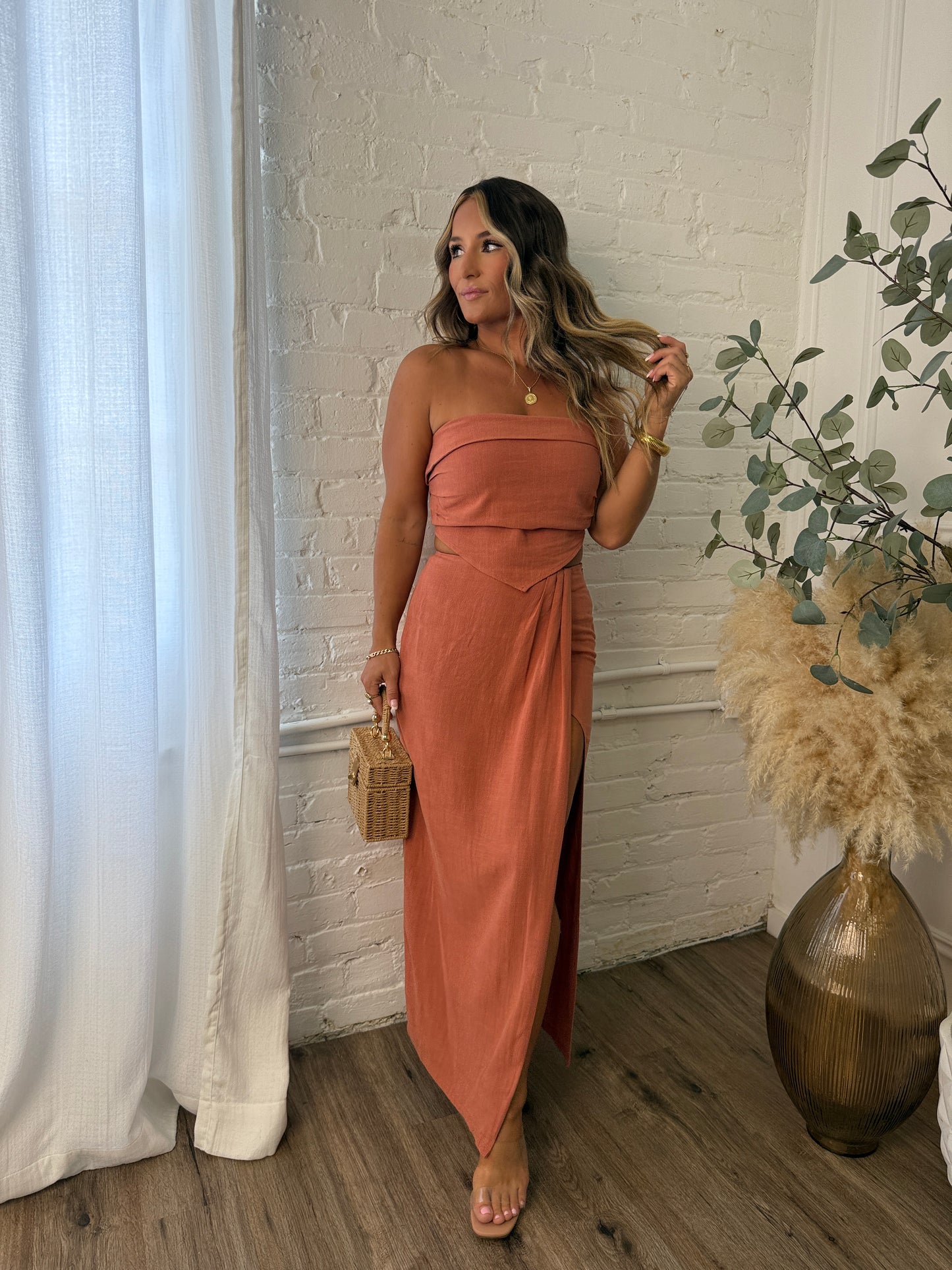 Marigold Drip Maxi Skirt Set Rust