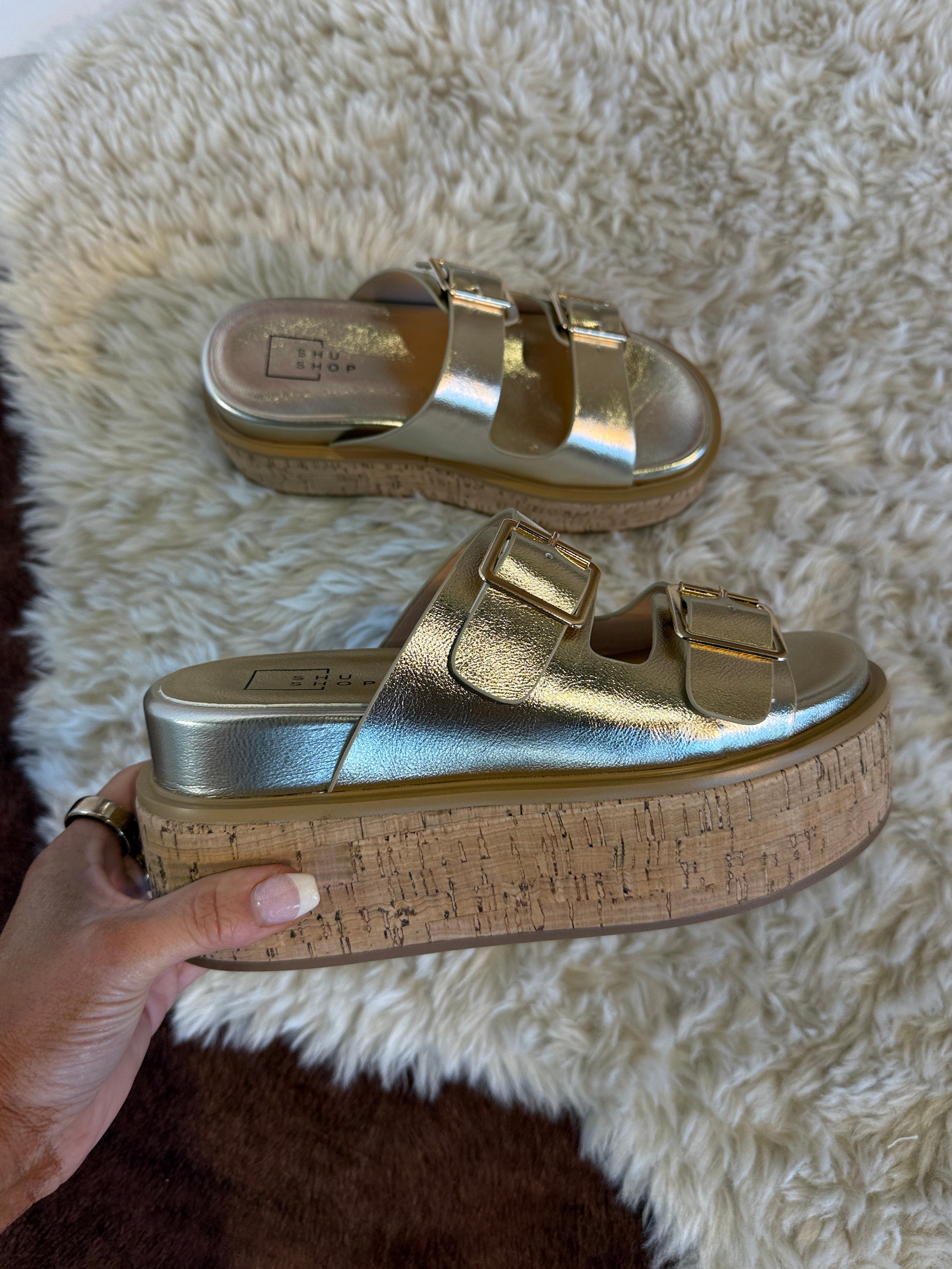 Lucinda Platform Cork Buckle Slides Gold