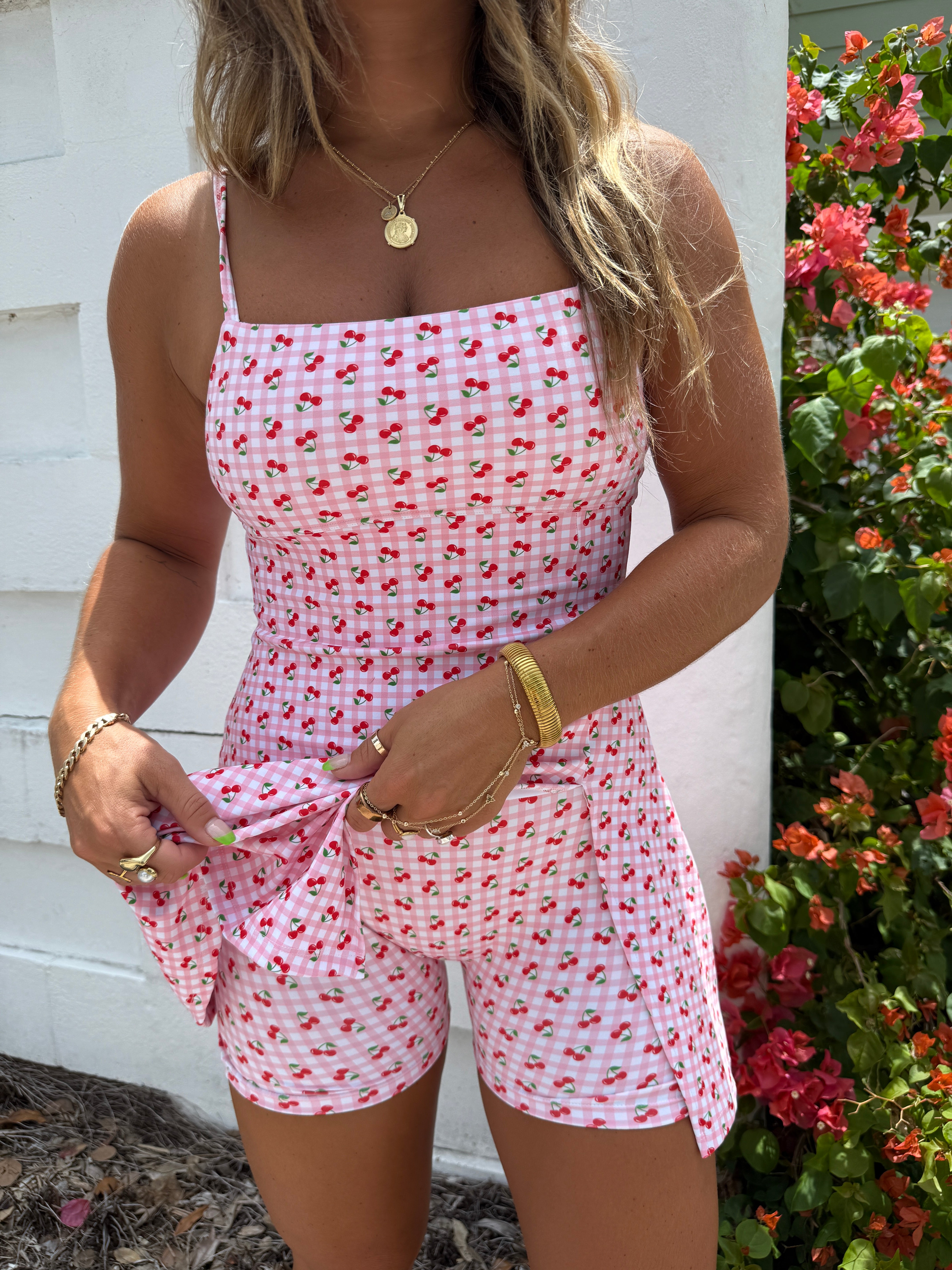 Cherry Pie Athletic Romper Dress Gingham